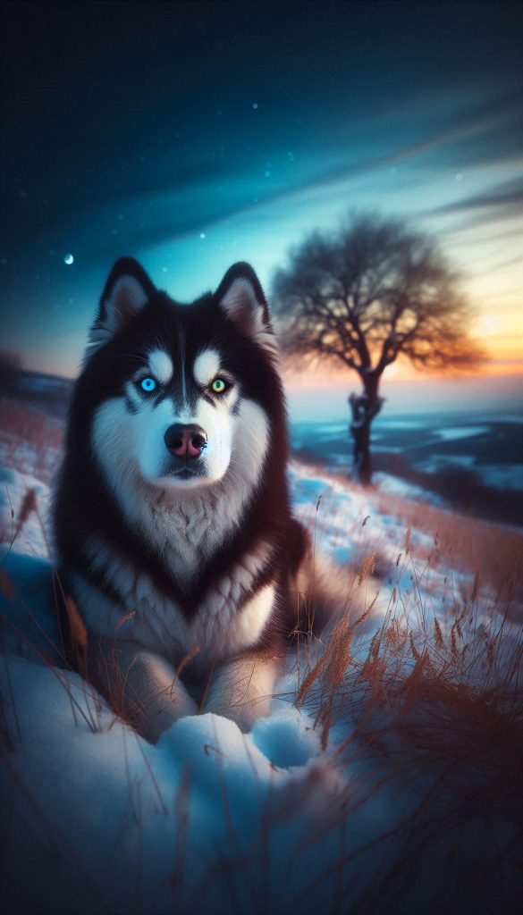 Artistic Siberian Husky with Heterochromia in a Snowy Landscape at Twilight