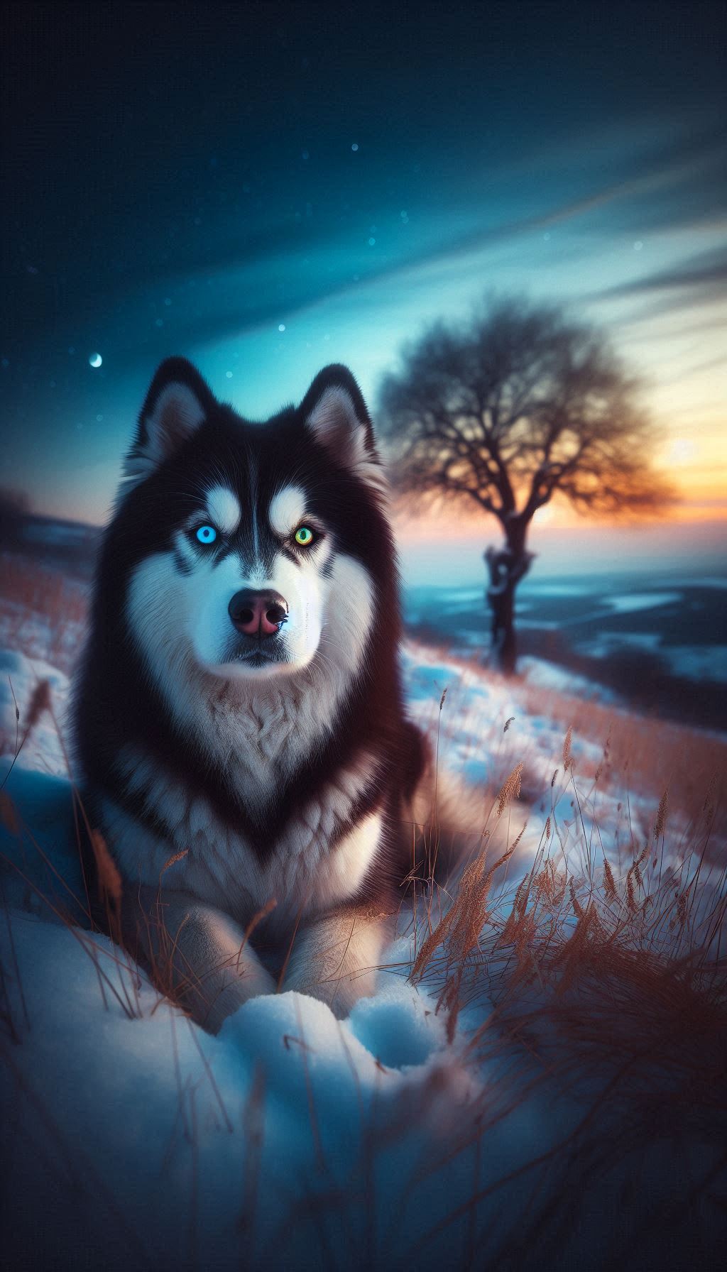Artistic Siberian Husky with Heterochromia in a Snowy Landscape at Twilight
