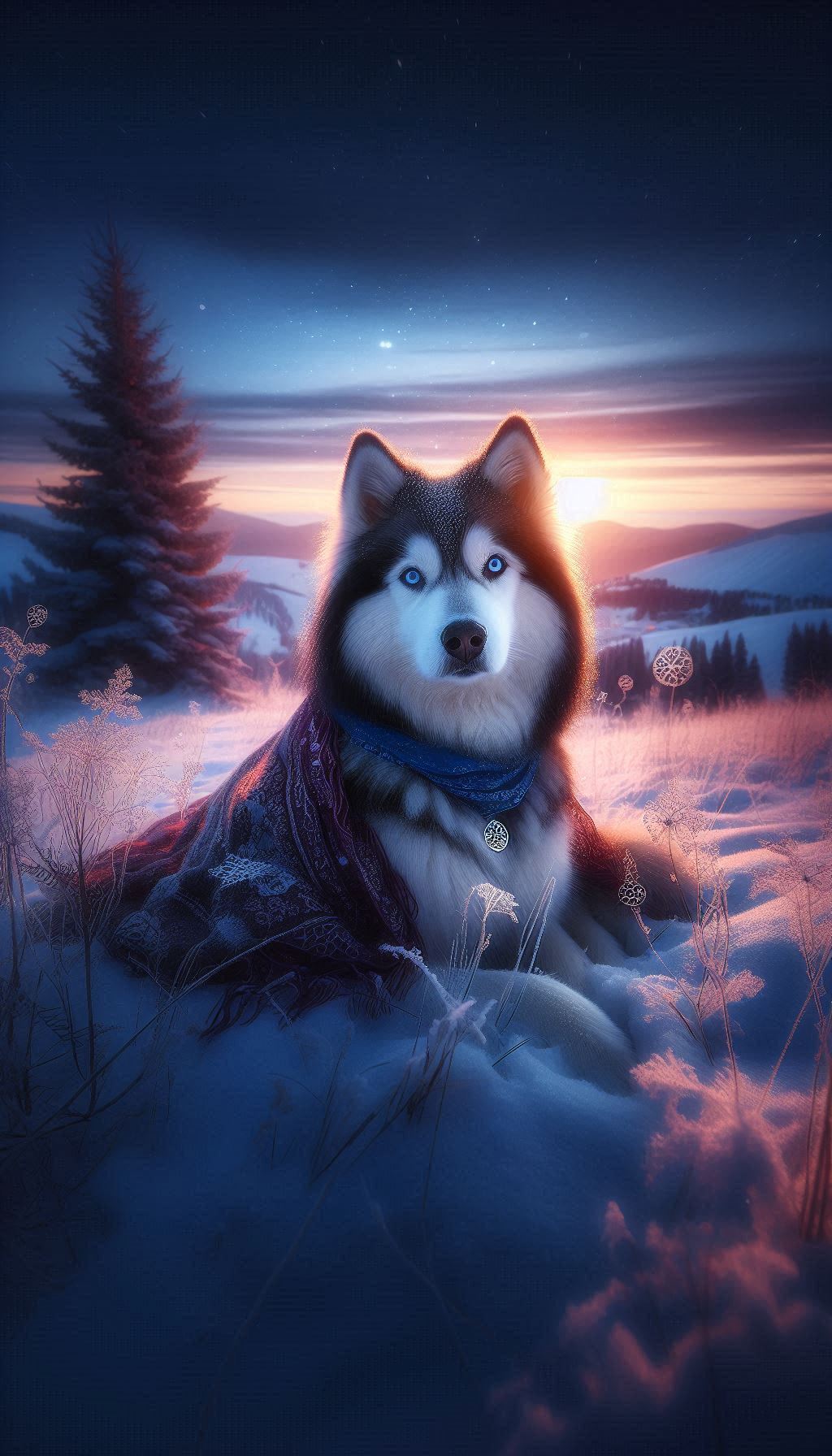 Artistic Siberian Husky with Heterochromia in a snowy landscape at dusk for iPhone and Android