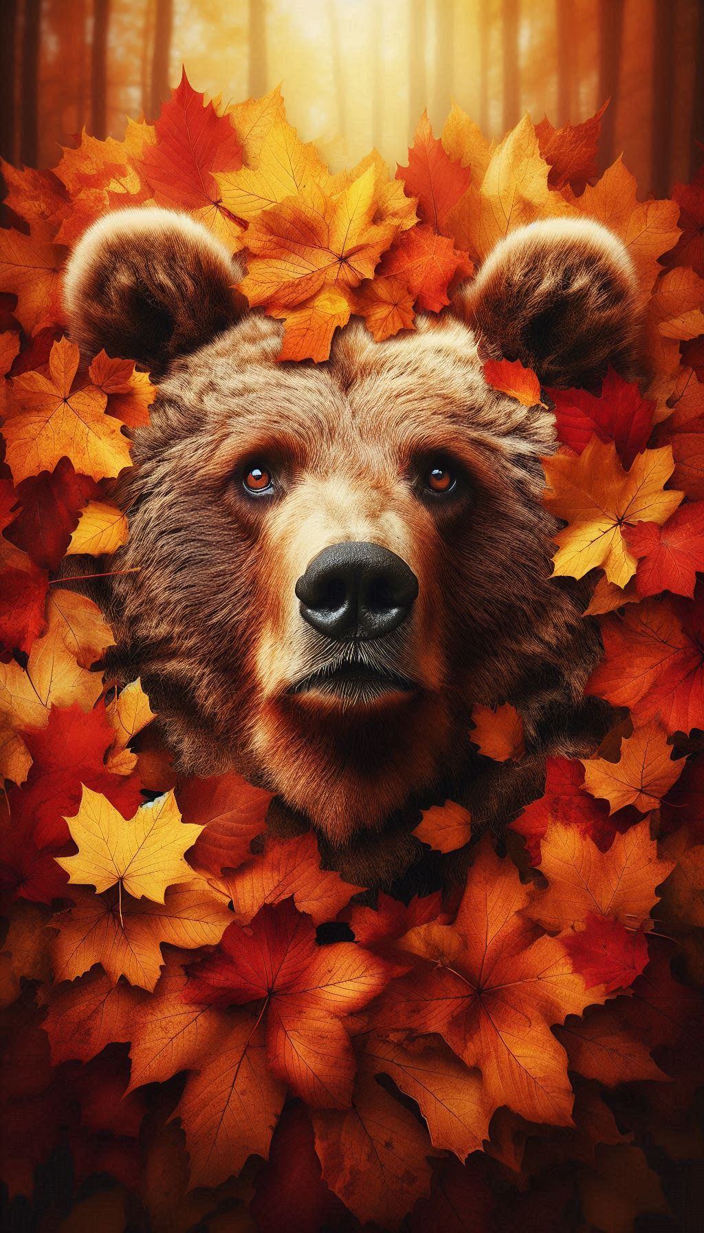 Artistic portrait of brown bear among autumn leaves HD wallpaper for your mobile