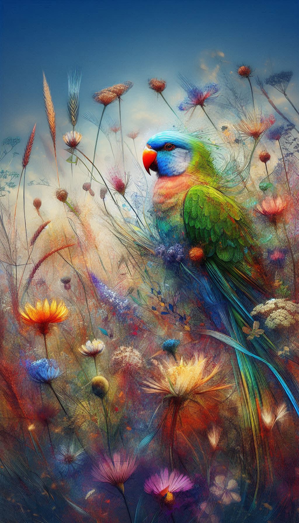Artistikon representasyon na saray parrot ed dika ed background na wildflower field parad iPhone tan Android