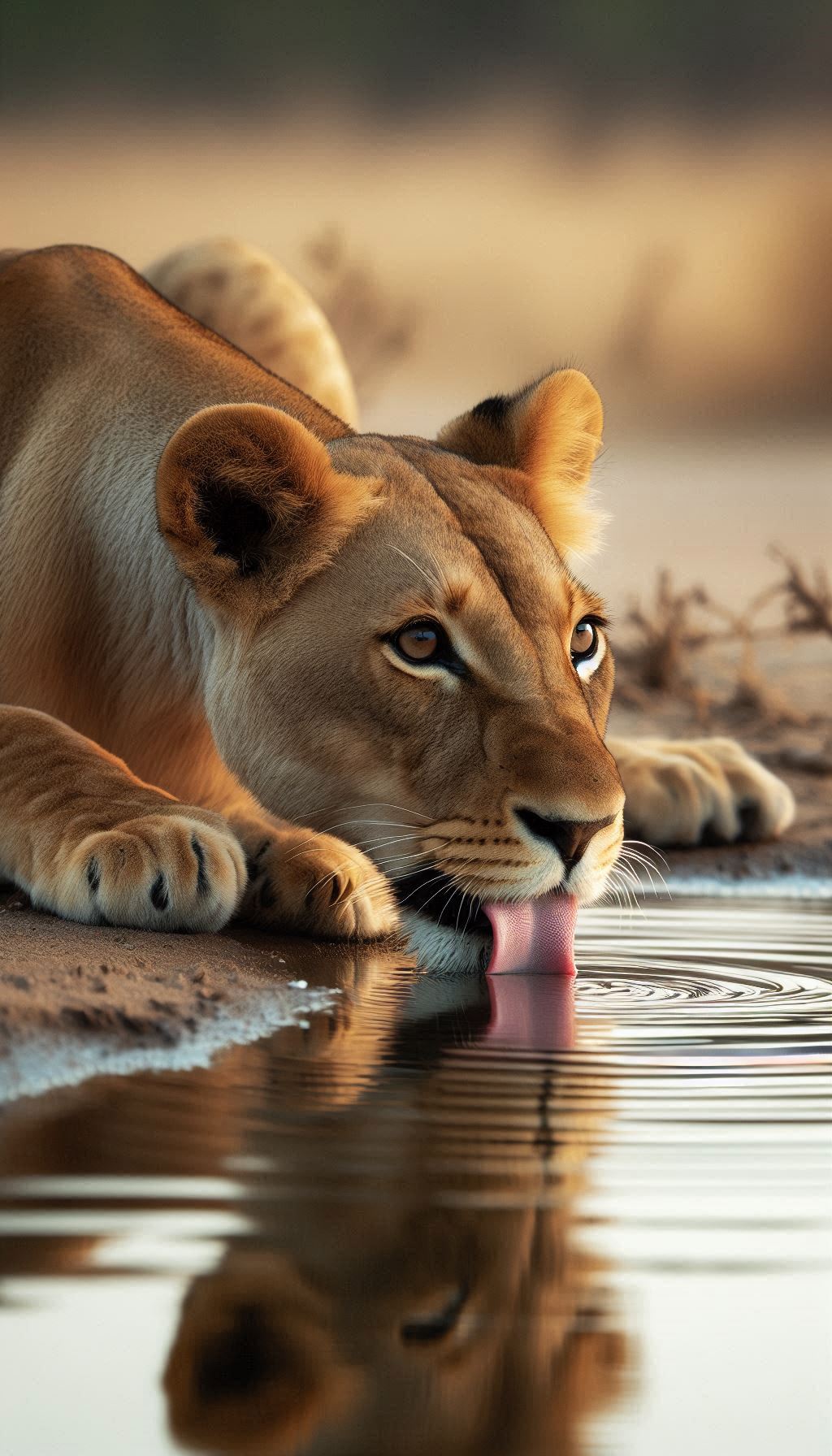 Asiatic lioness drinking water from a calm water pool wallpaper for Android and iPhone