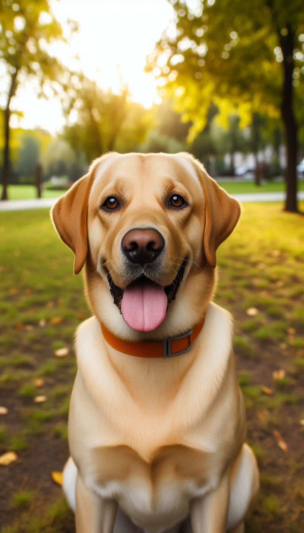 Attractive golden labrador with happy smile in the park wallpaper for android and iphone