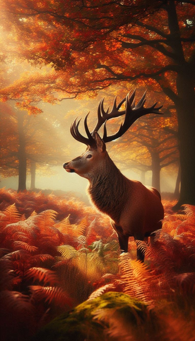 Attractive red deer portrait among autumn leaves HD mobile wallpaper for iPhone