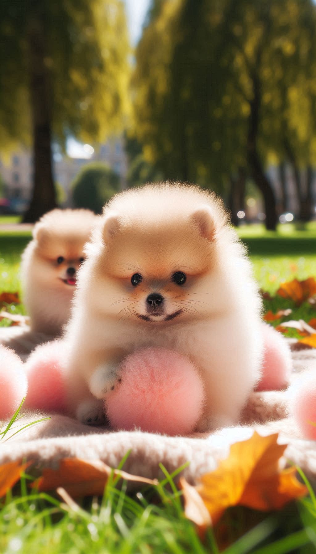 Background of fluffy spitz puppies playing in a sunny park for mobile