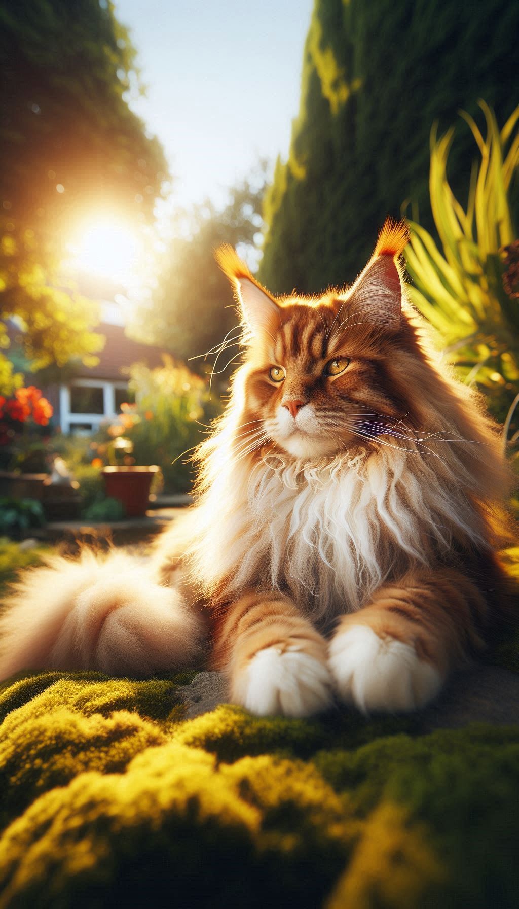 Background of majestic Maine Coon cat sitting in sunlit garden for your mobile device