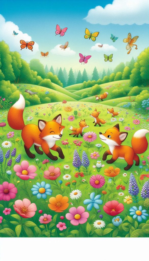Background of playful foxes wandering through a flower-filled meadow for iPhone