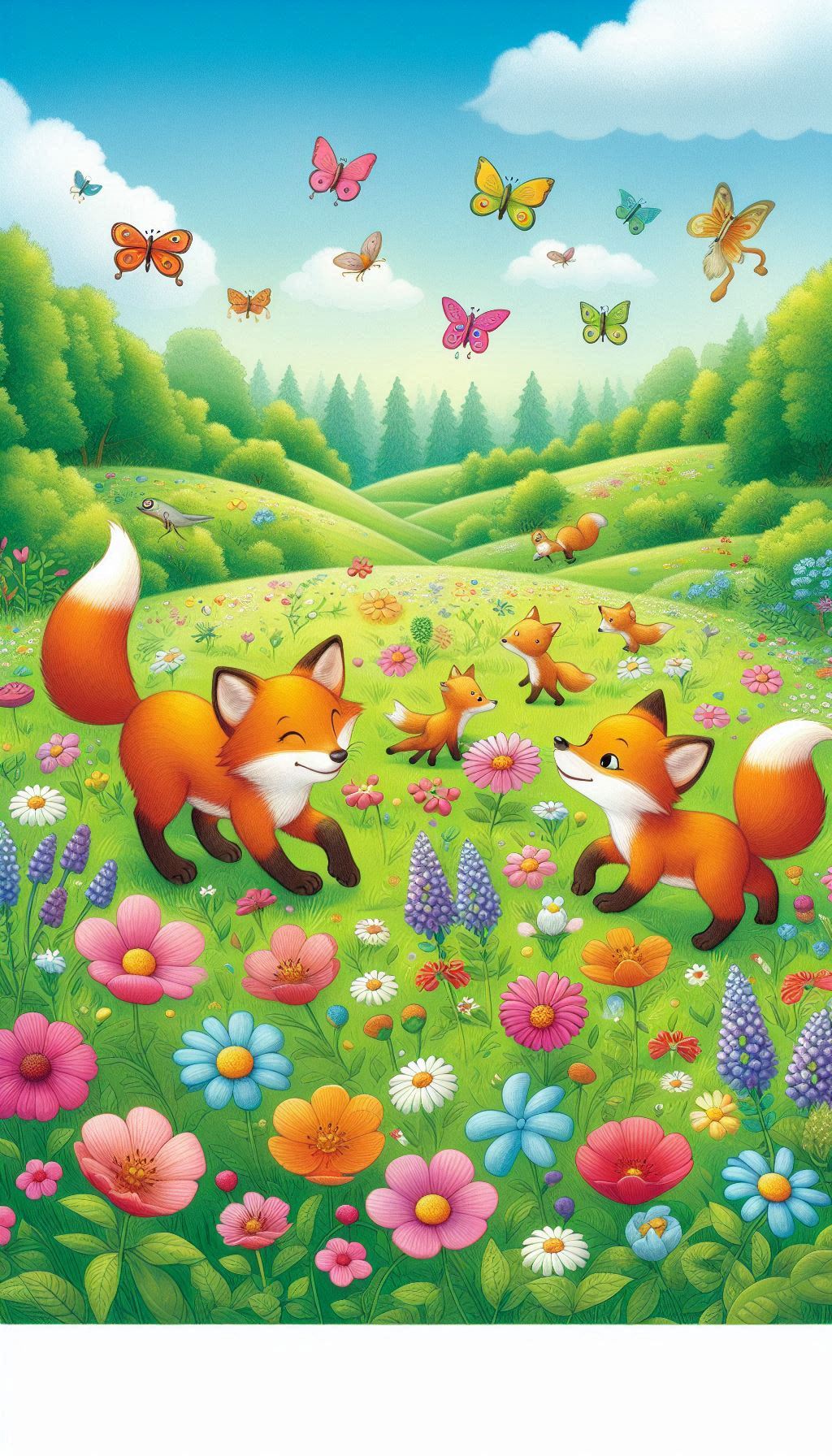 Background of playful foxes wandering through a flower-filled meadow for iPhone