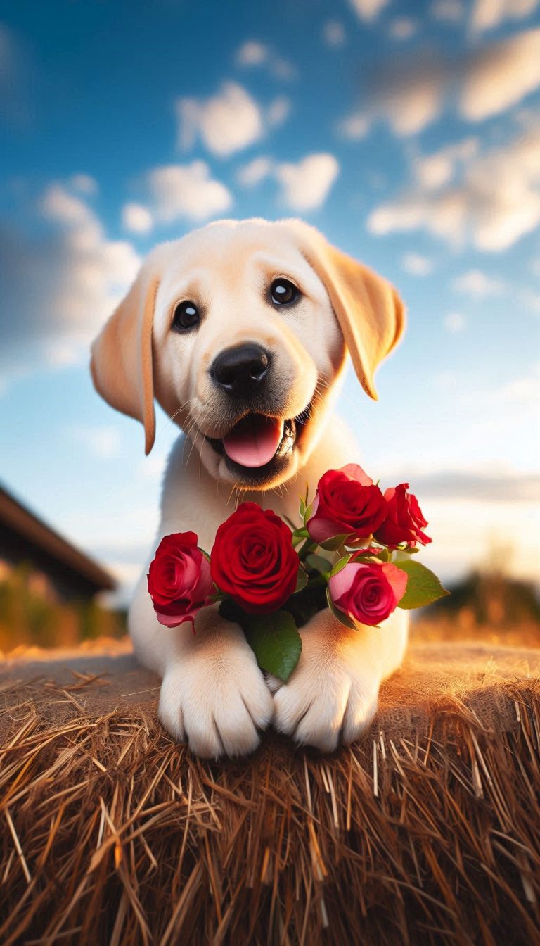 Backgrounds for Android Playful Labrador puppy with rose in hand under blue sky