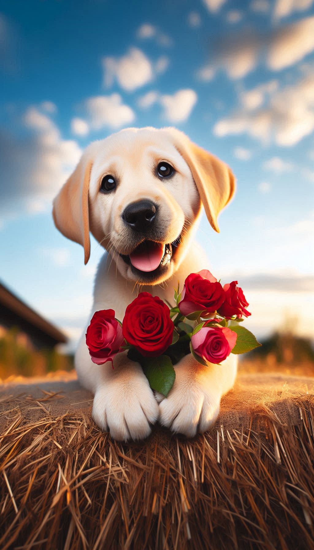Backgrounds for Android Playful Labrador puppy with rose in hand under blue sky