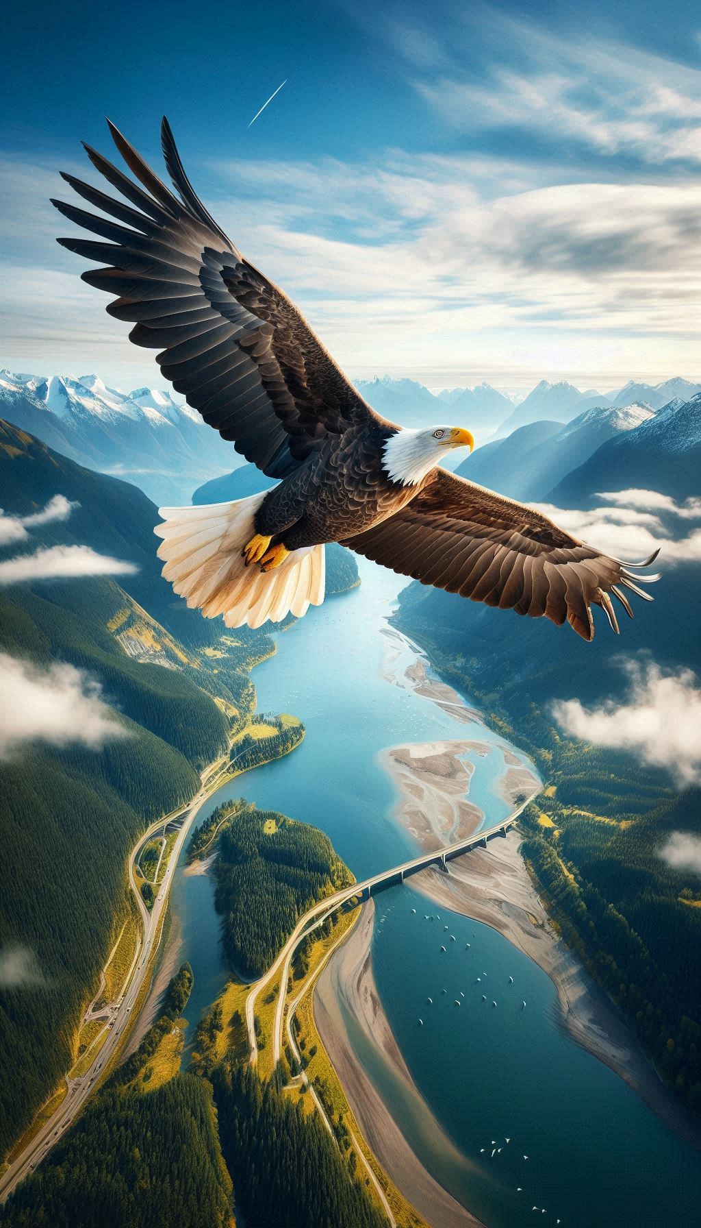 Bald eagle soaring above A bird's eye view of nature's glory Photo background for your mobile