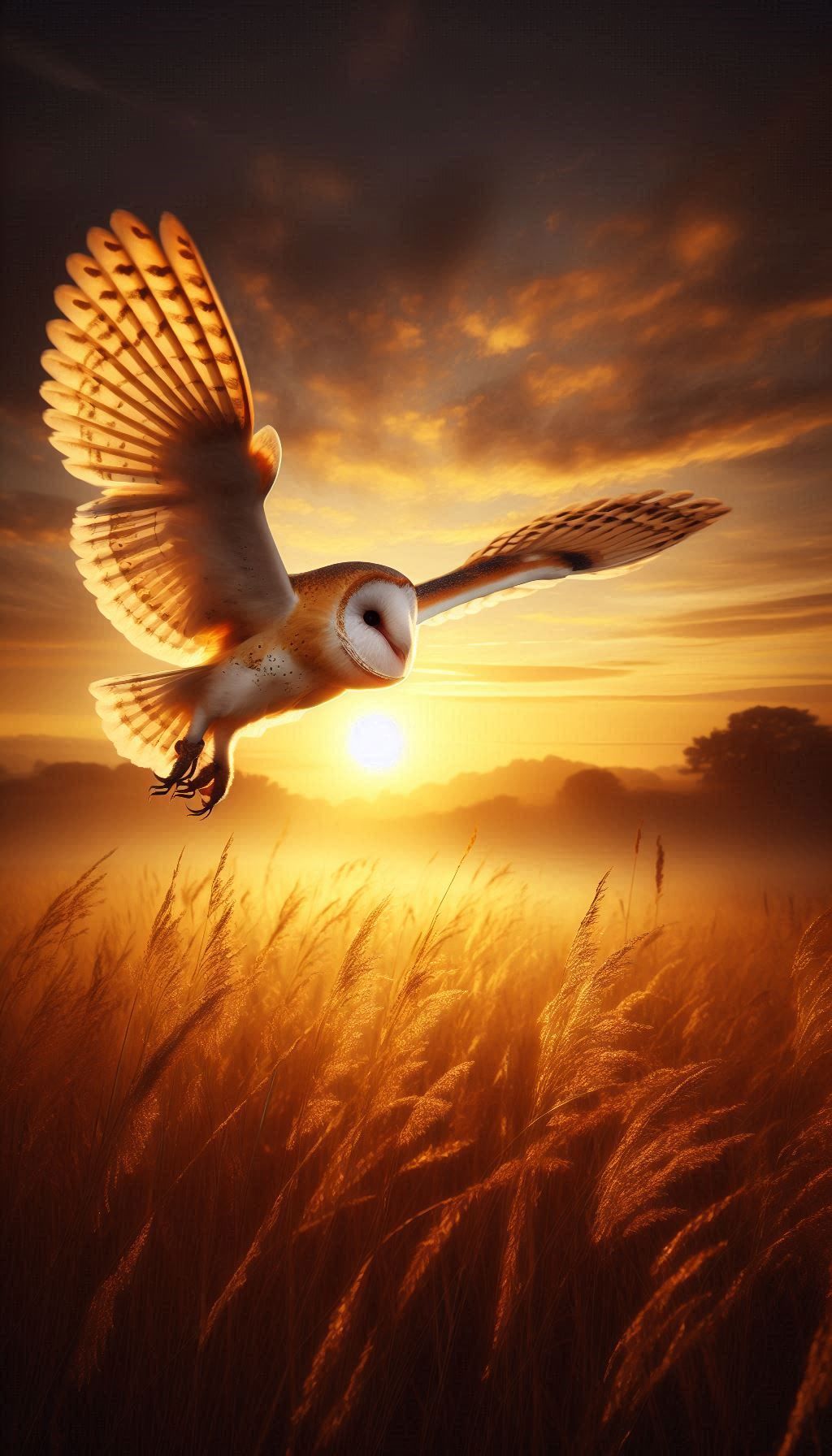 Barn owl in flight in front of a golden sunrise - inspirational wallpaper for your mobile wallpaper