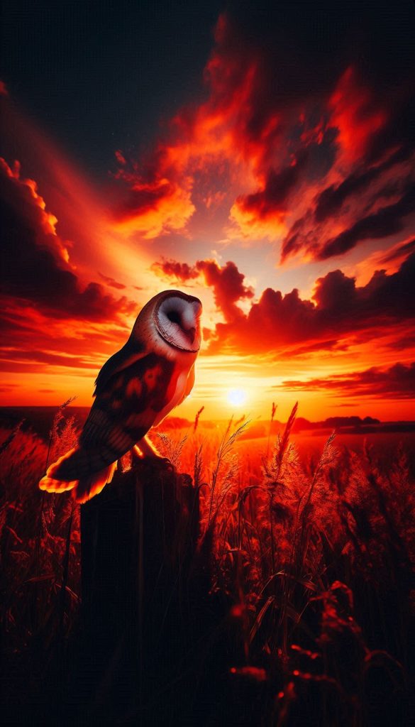 Barn owl silhouette against a vibrant sunset - dramatic wallpaper for iPhone