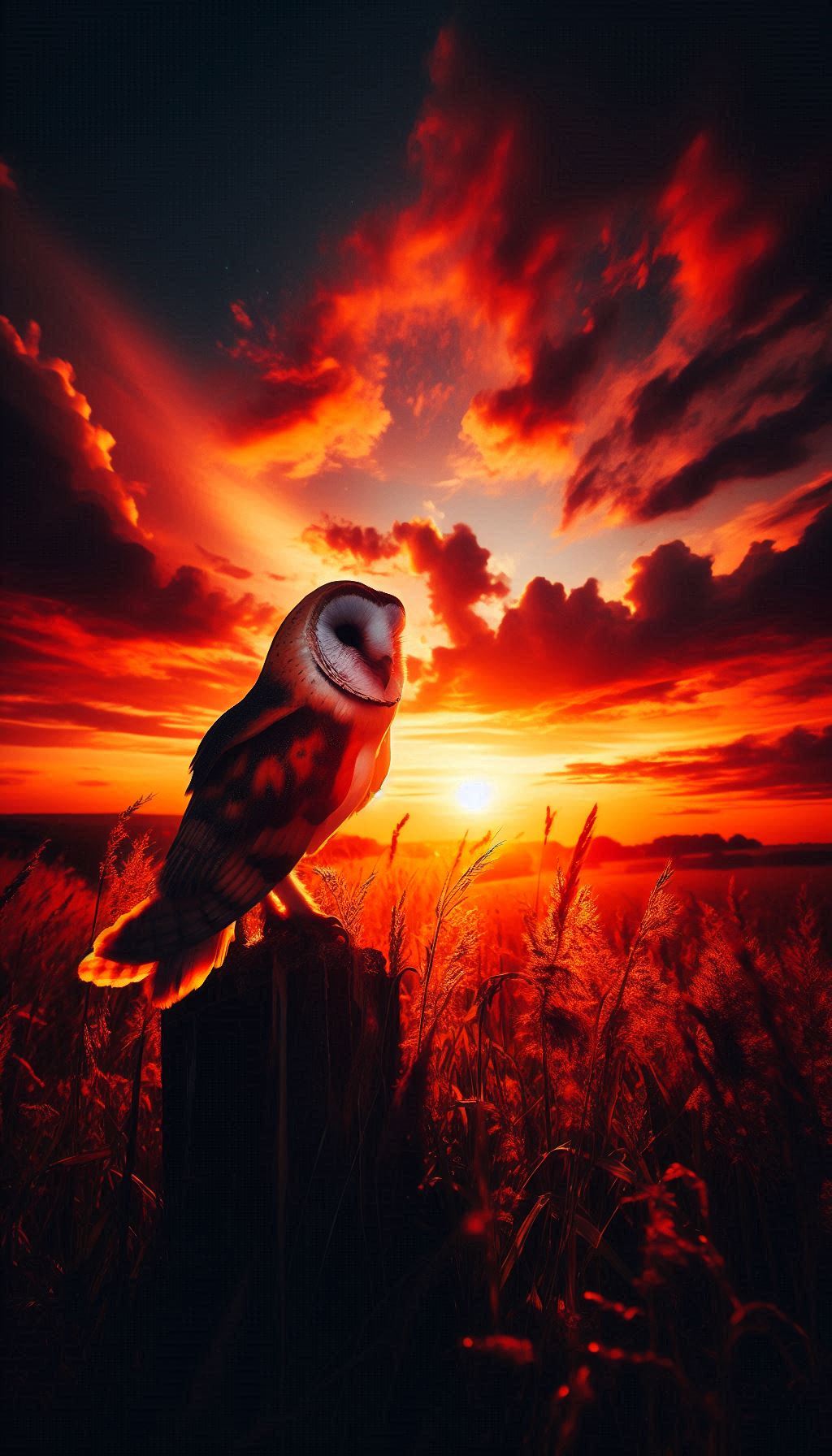 Barn owl silhouette against a vibrant sunset - dramatic wallpaper for iPhone