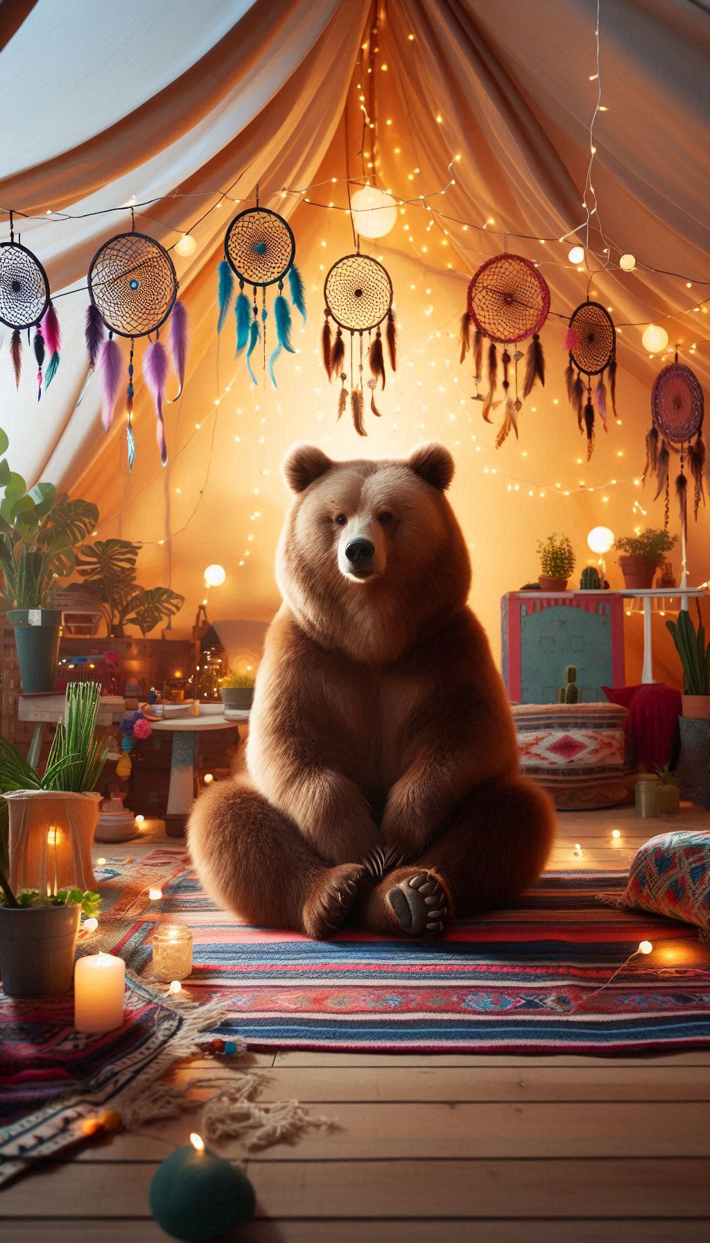 Bear HD wallpaper with dreamcatcher in a bohemian setting for your mobile