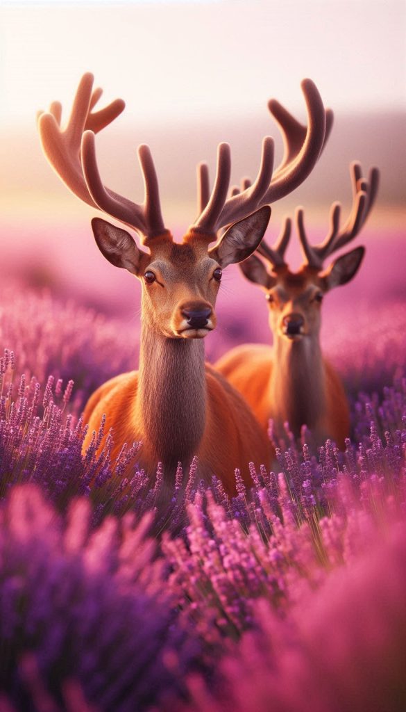 Beautiful Red Deer in Blooming Lavender Fields