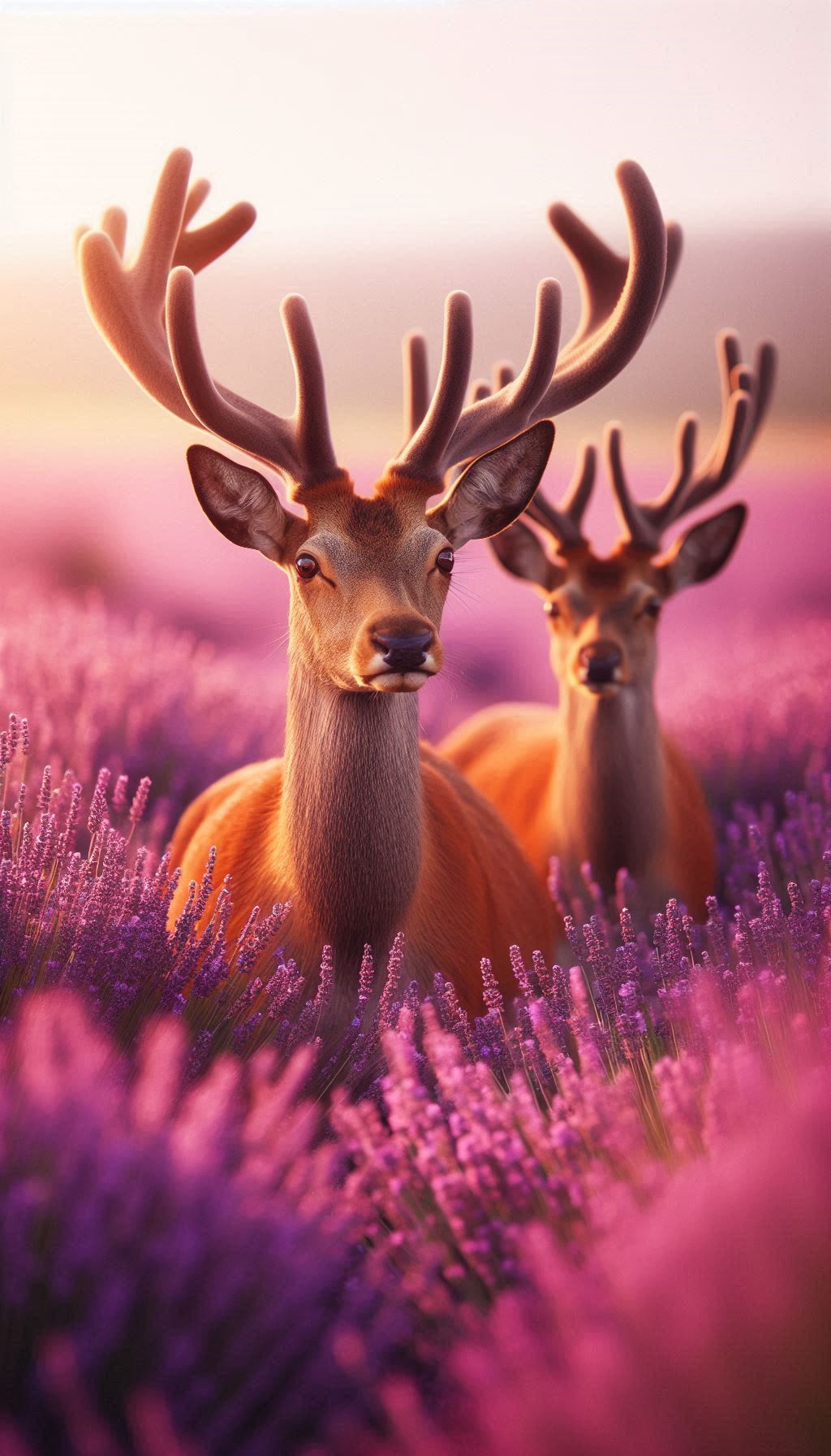 Beautiful Red Deer in Blooming Lavender Fields