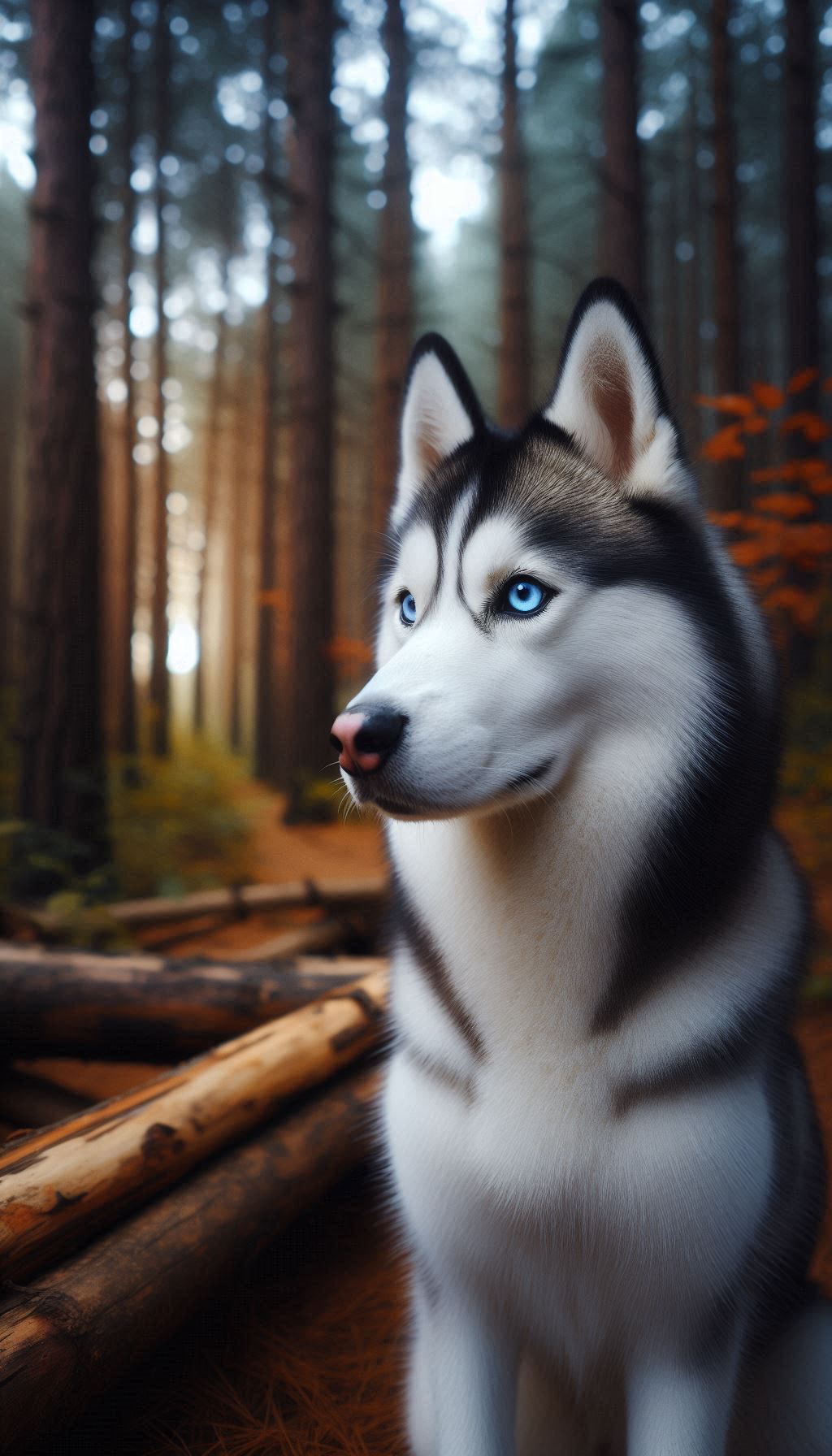 Beautiful blue eyed Husky posing in a jungle background wallpaper for your mobile