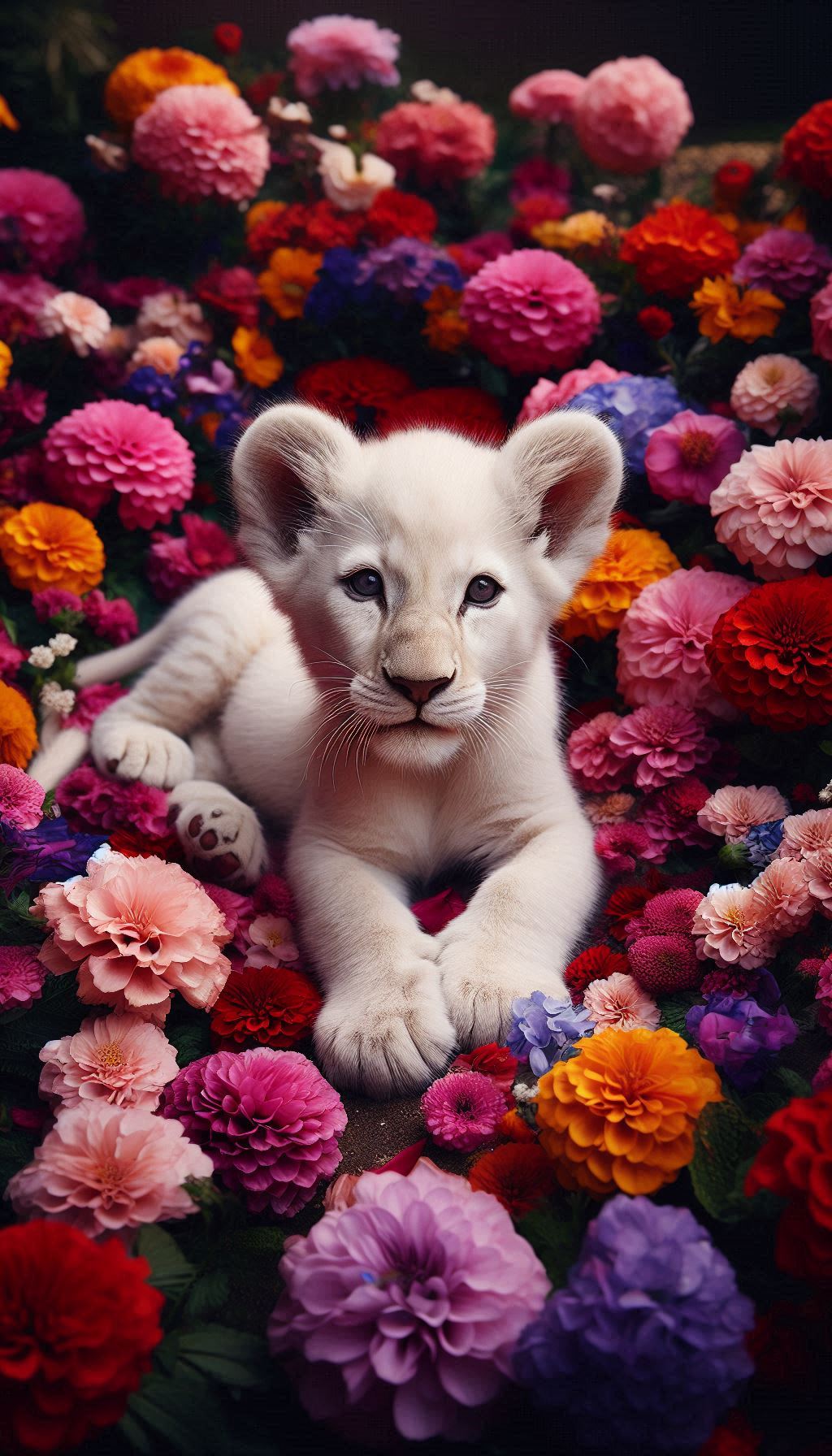 Beautiful white lion cub sitting among vibrant flowers HD digital background