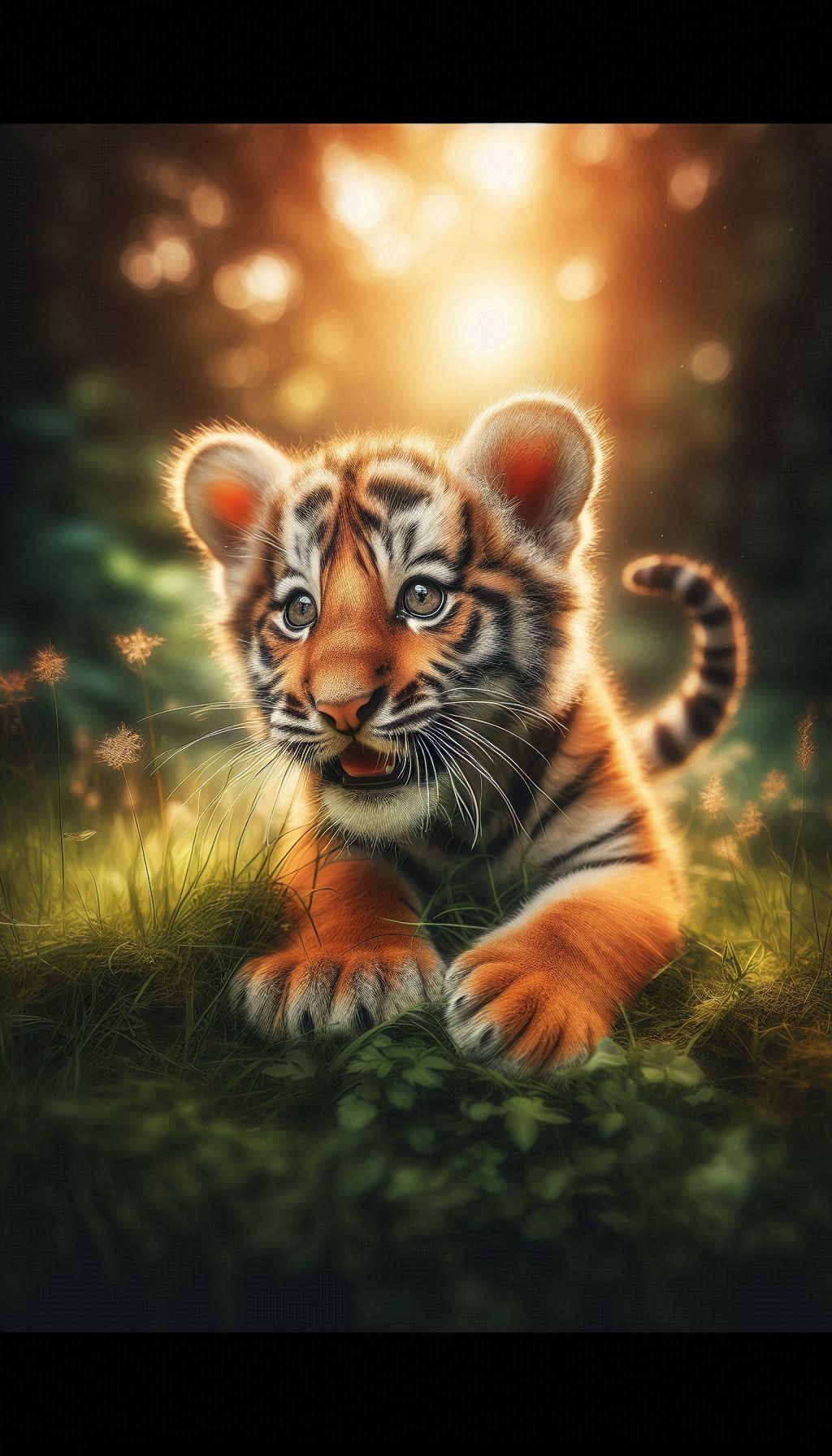 Bengal Tiger Cub Sitting Peacefully in Grass Wallpaper Digital Background