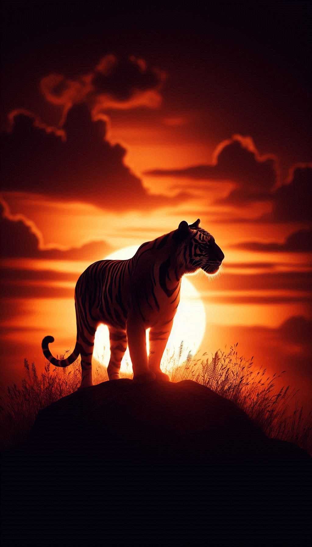 Bengal Tiger Silhouette Against a Sunset Background Wallpaper