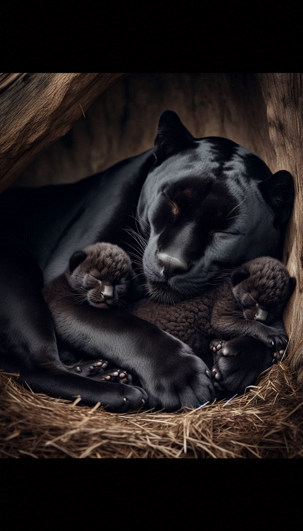 Black Panther Curling Up with Cubs Heartwarming Sleeping Wallpaper