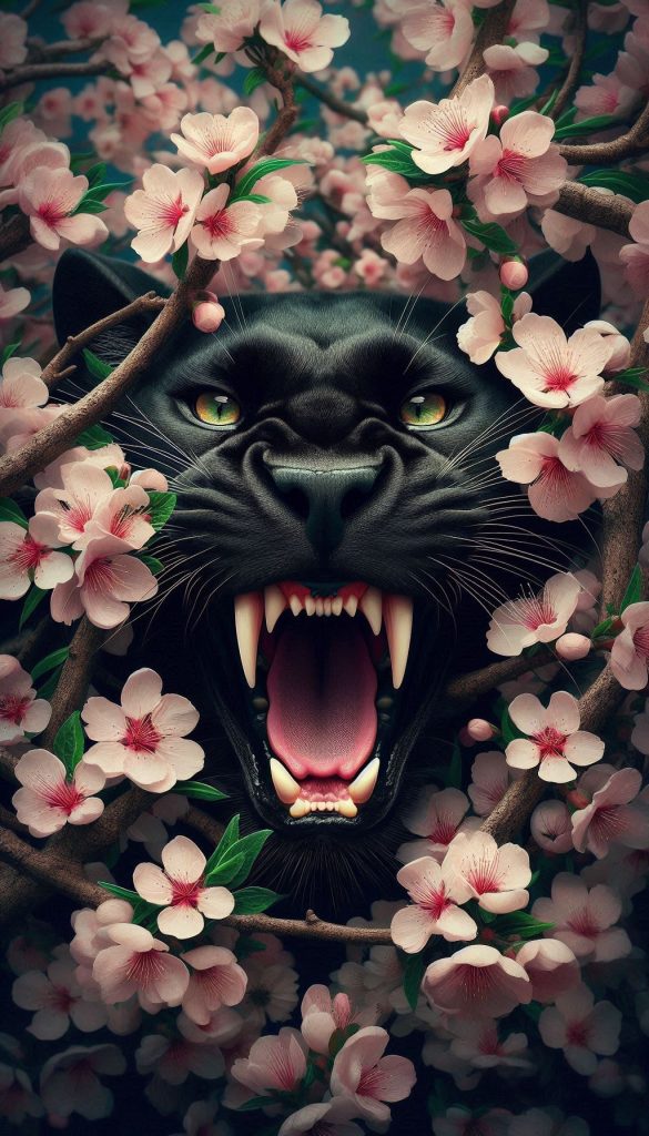 Black Panther Jaw Among Blossoms Nature-Inspired Wallpaper