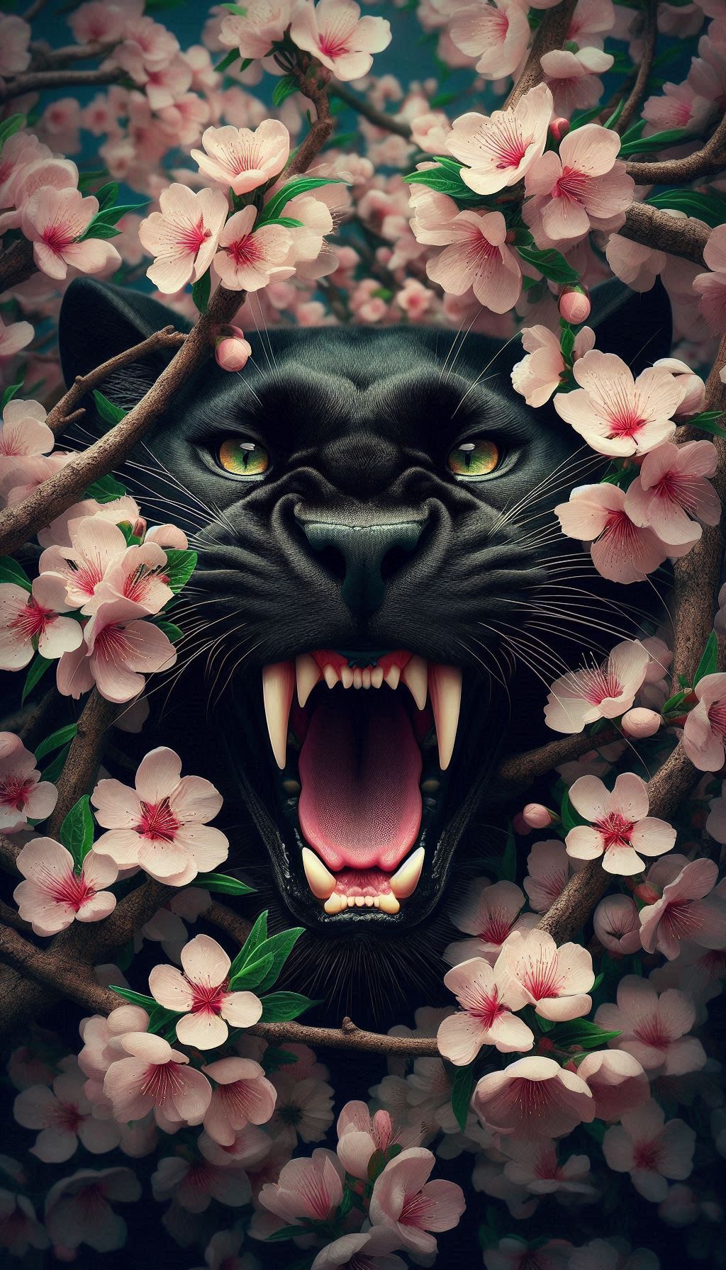Black Panther Jaw Among Blossoms Nature-Inspired Wallpaper