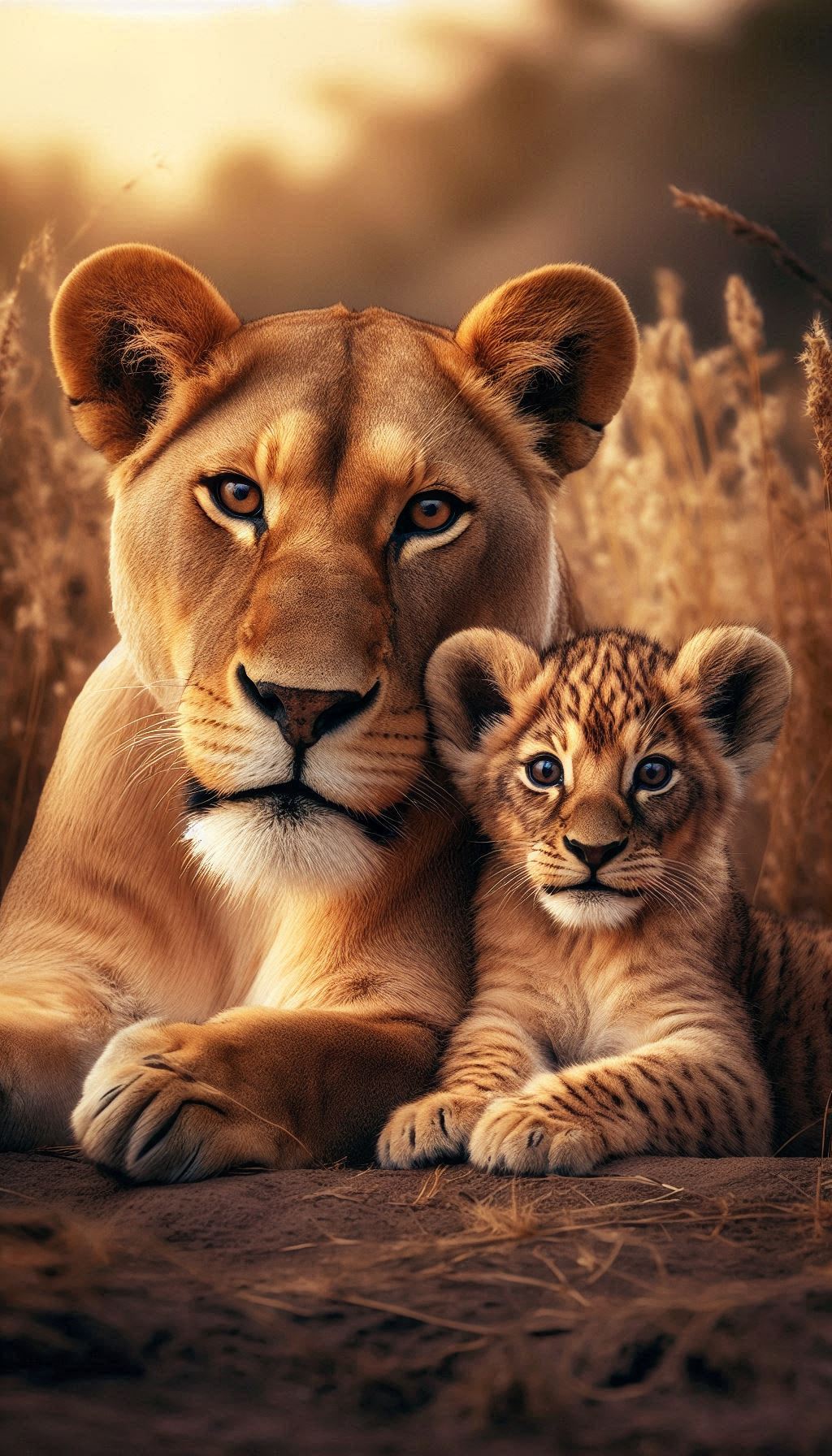 Bonding in the jungle A lioness and her cute cub photo background for your mobile