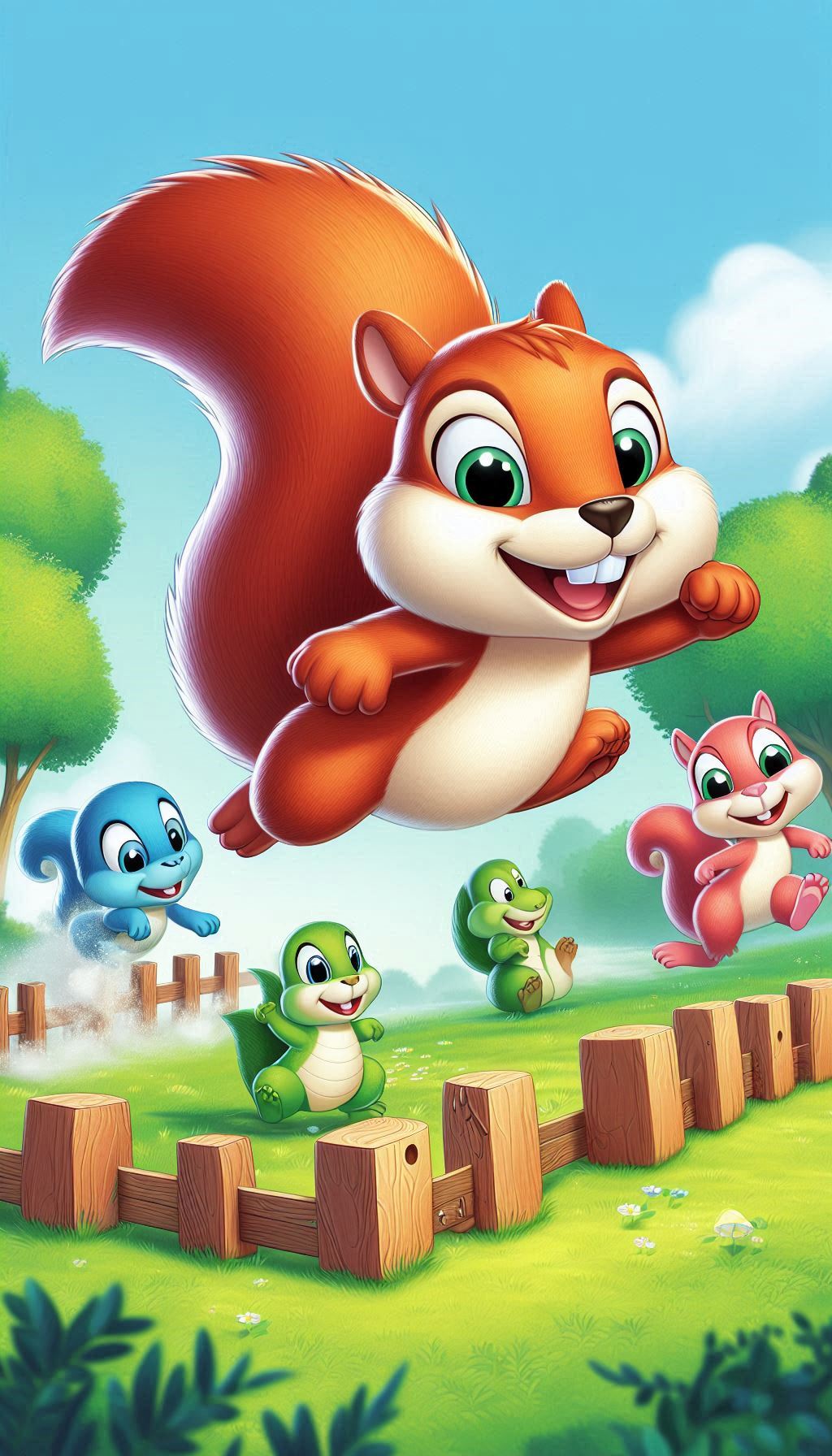 Bouncy Squirrel Enjoying a Game of Tag with Friends