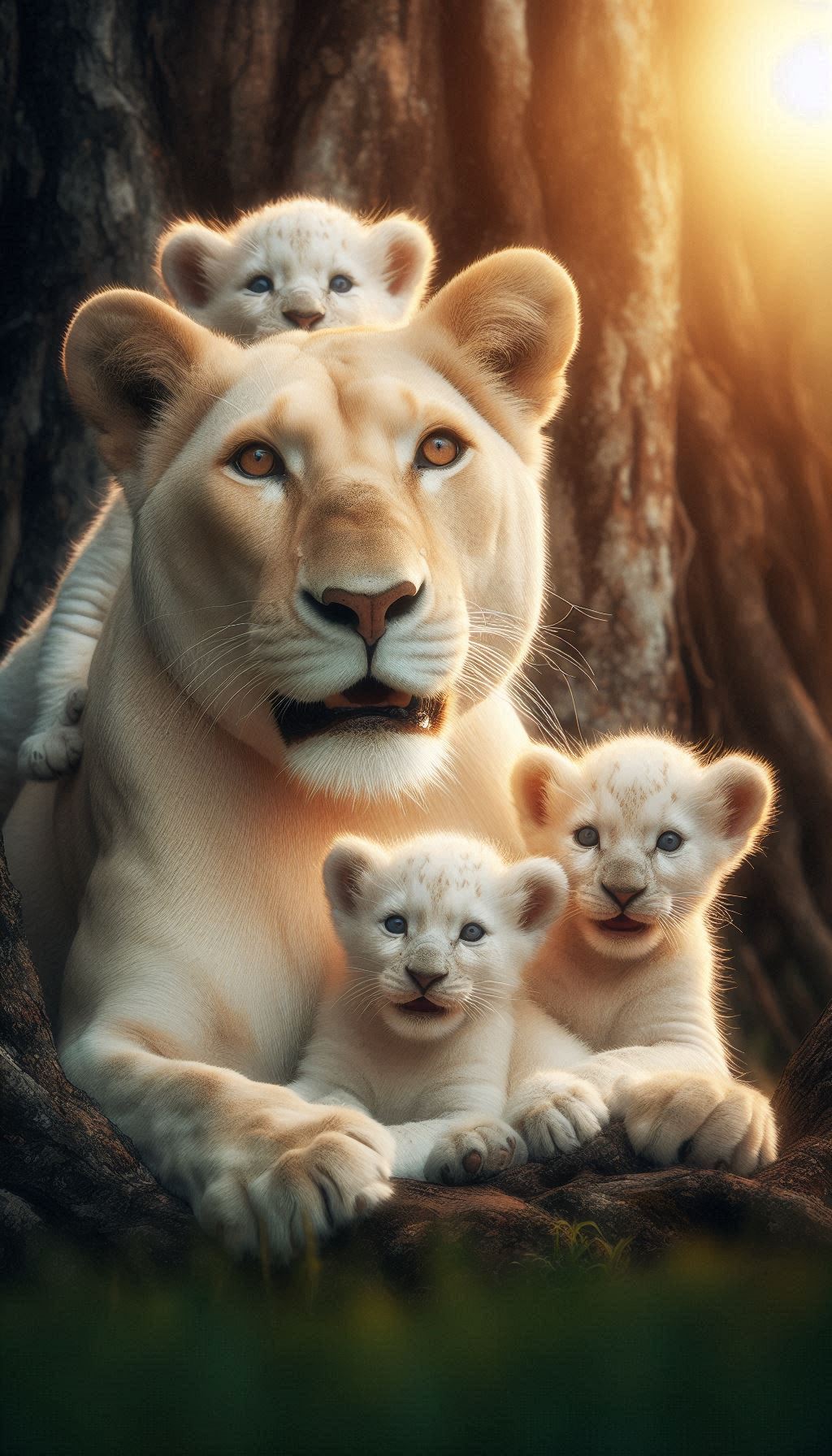 Bright white lioness sitting with her cubs in the jungle, digital background for Android