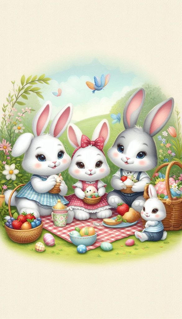Bunny Family Easter Picnic Heartwarming Artwork for Kids Rooms Wallpaper for iPhone