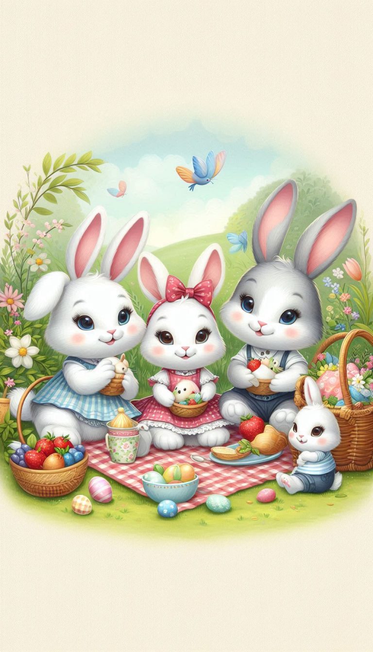 Bunny Family Easter Picnic Heartwarming Artwork for Kids Rooms Wallpaper for iPhone