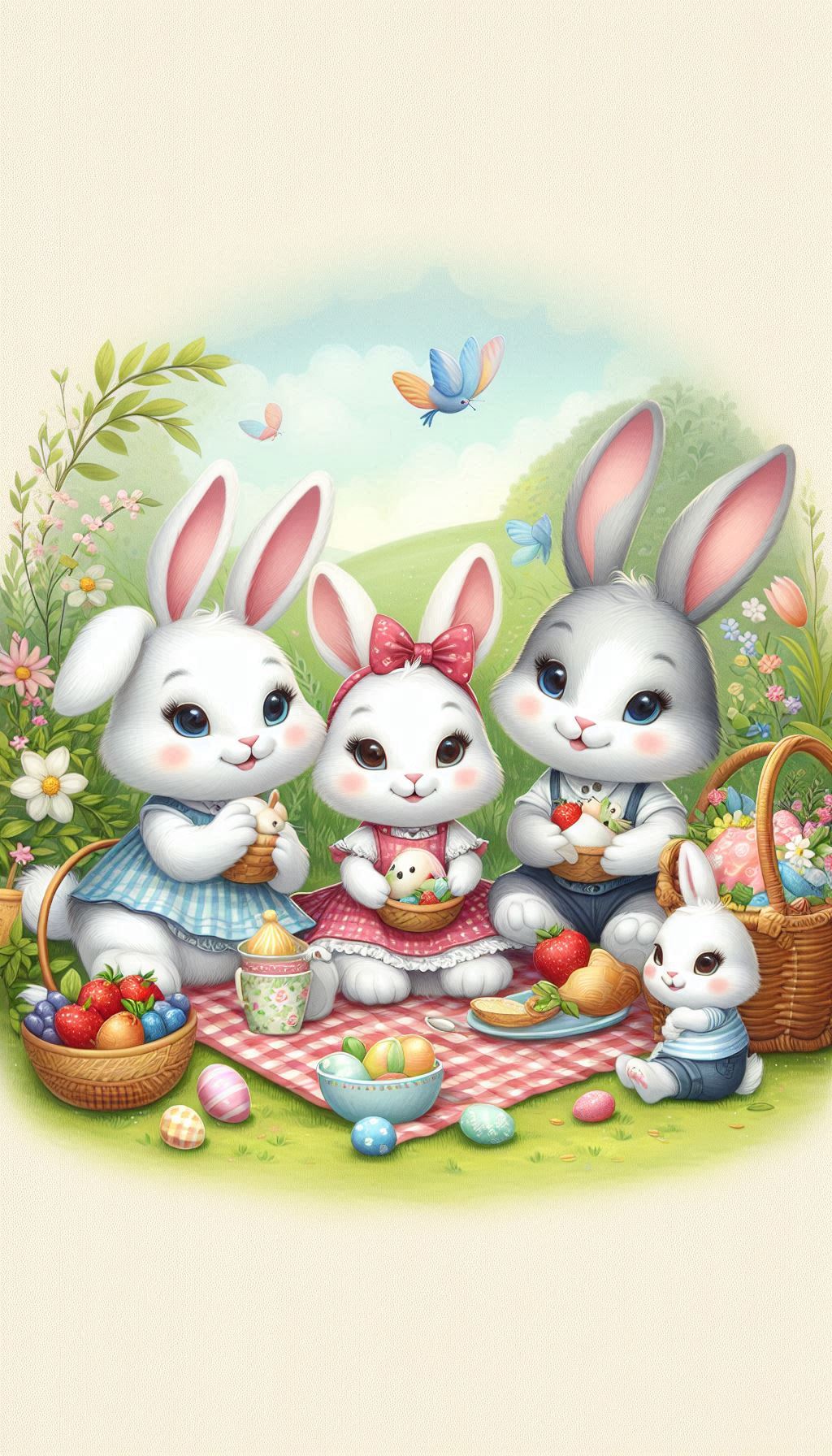 Bunny Family Easter Picnic Heartwarming Artwork for Kids Rooms Wallpaper for iPhone