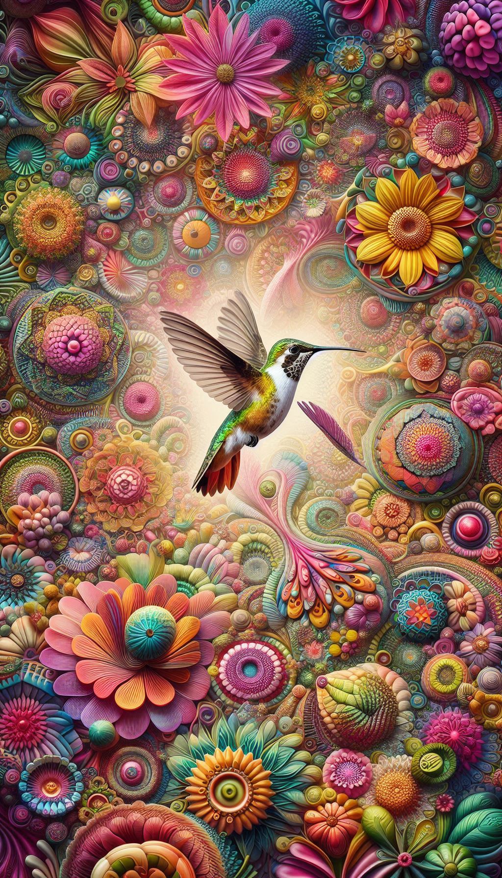 Calliope Hummingbird Flying Over a Kaleidoscope of Colorful Flora