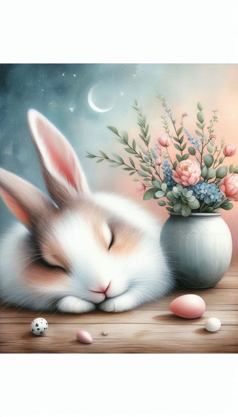 Calm artwork of a peaceful sleeping rabbit for relaxing spaces mobile wallpaper for Android
