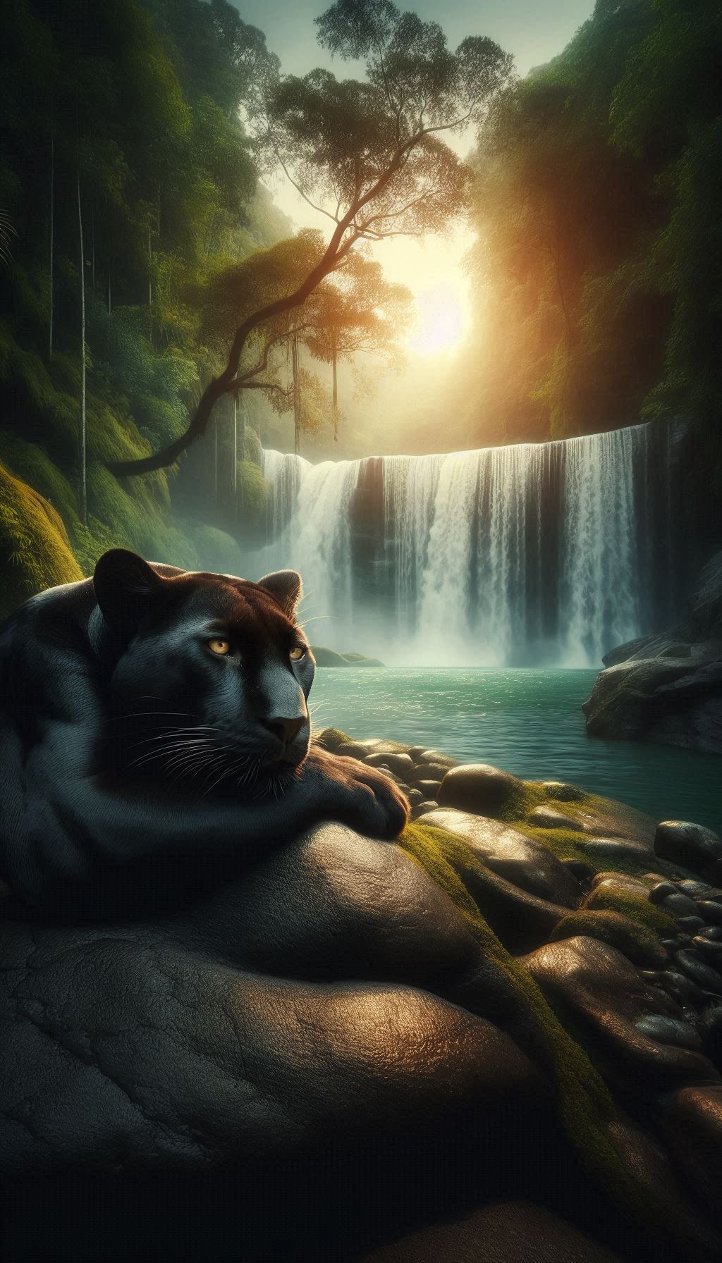 Calm black panther sitting on the edge of waterfall cool nature wallpaper background for phone
