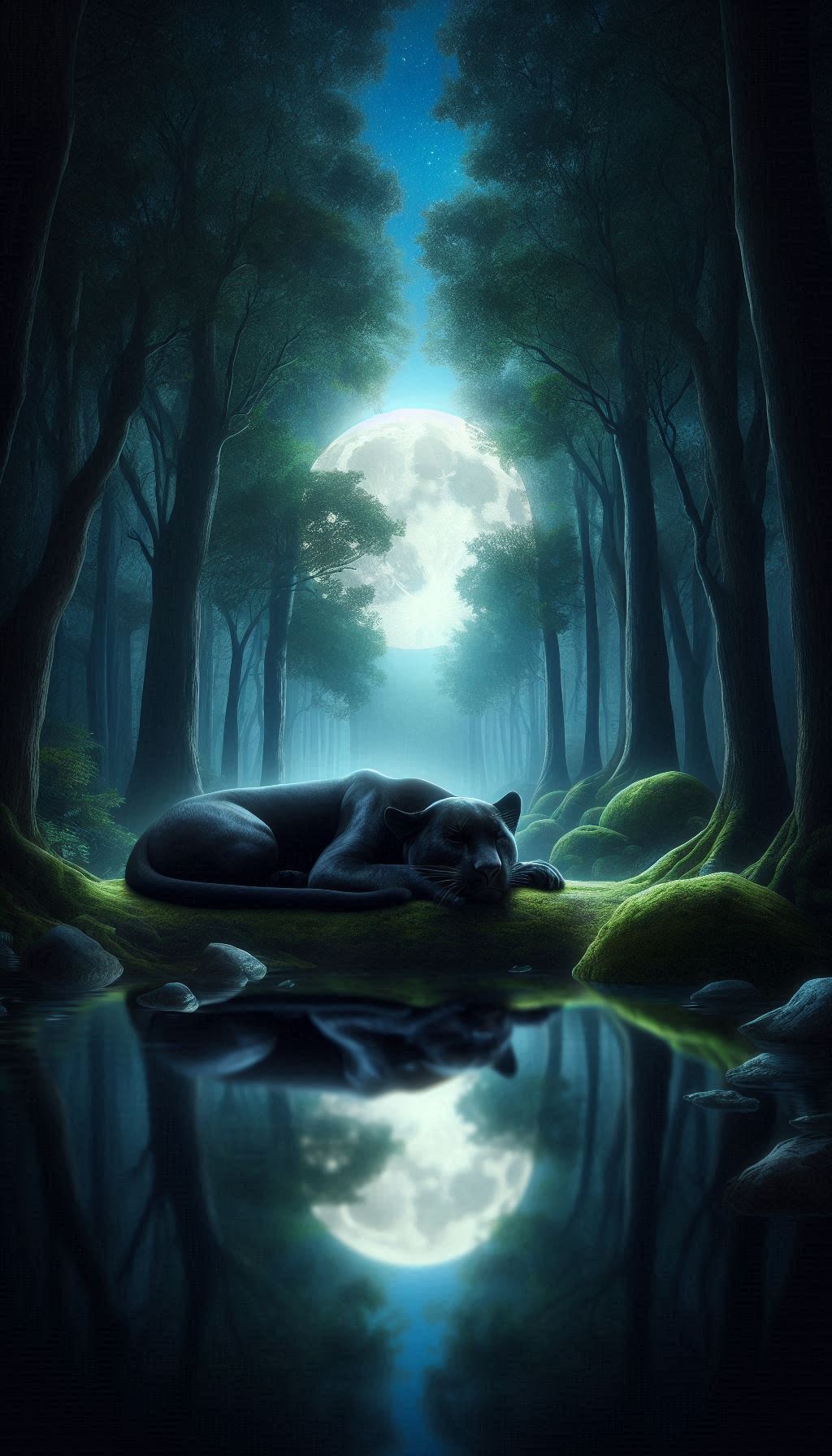 Calm black panther sleeping in moonlit forest wallpaper design for iPhone and Android