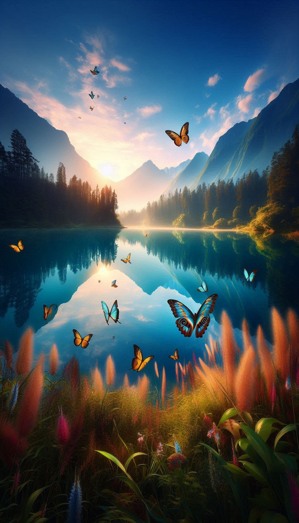 Calm lake, reflection of morpho butterflies under clear sky, wallpaper for your mobile