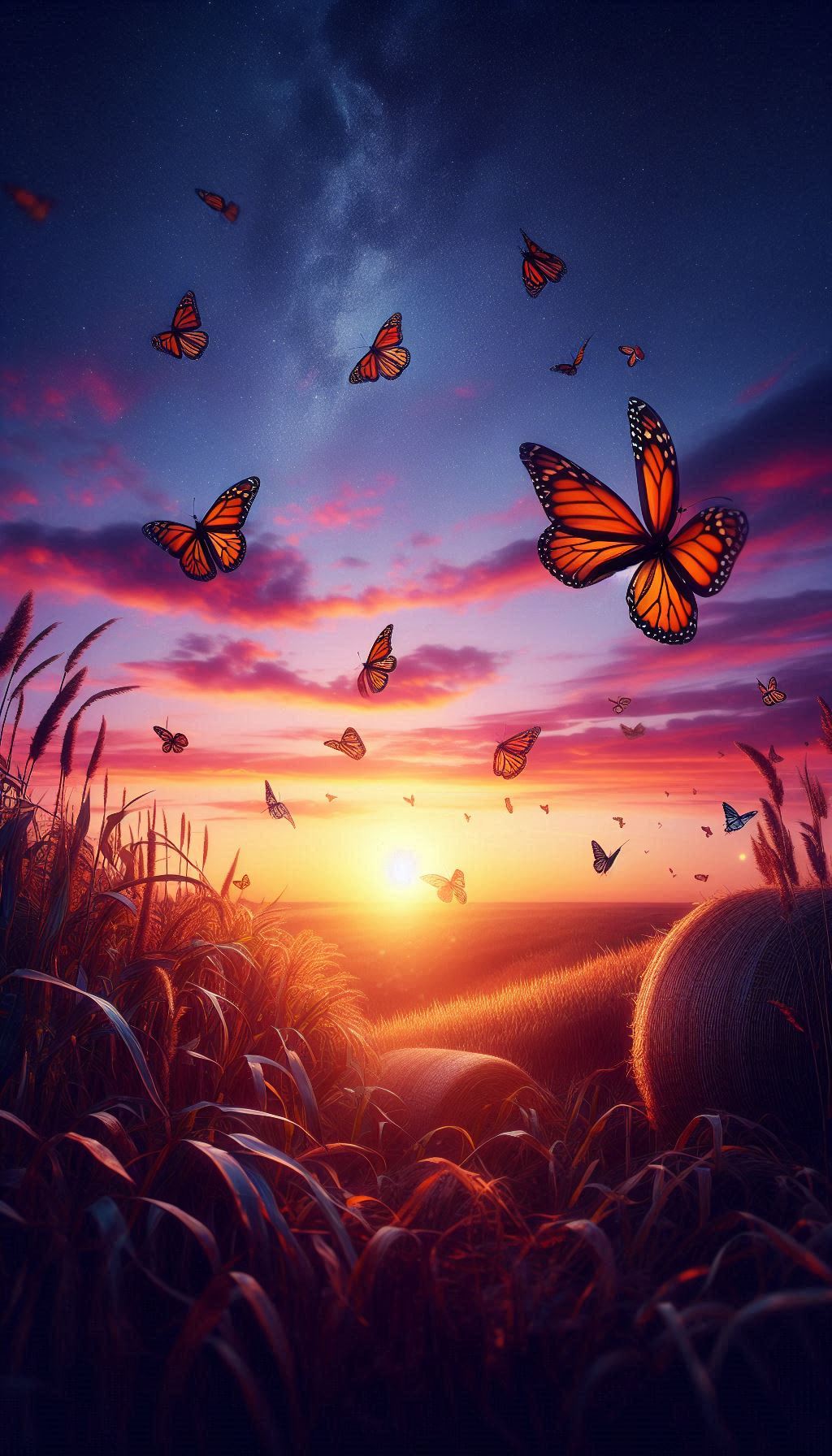 Calm sunset and monarch butterflies flying in the sky wallpaper for all smartphones