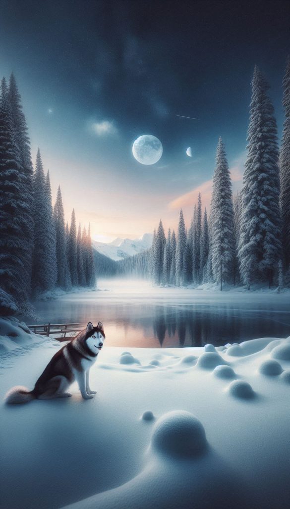 Calm winter landscape background featuring huskies on a frozen lake for iPhone and Android
