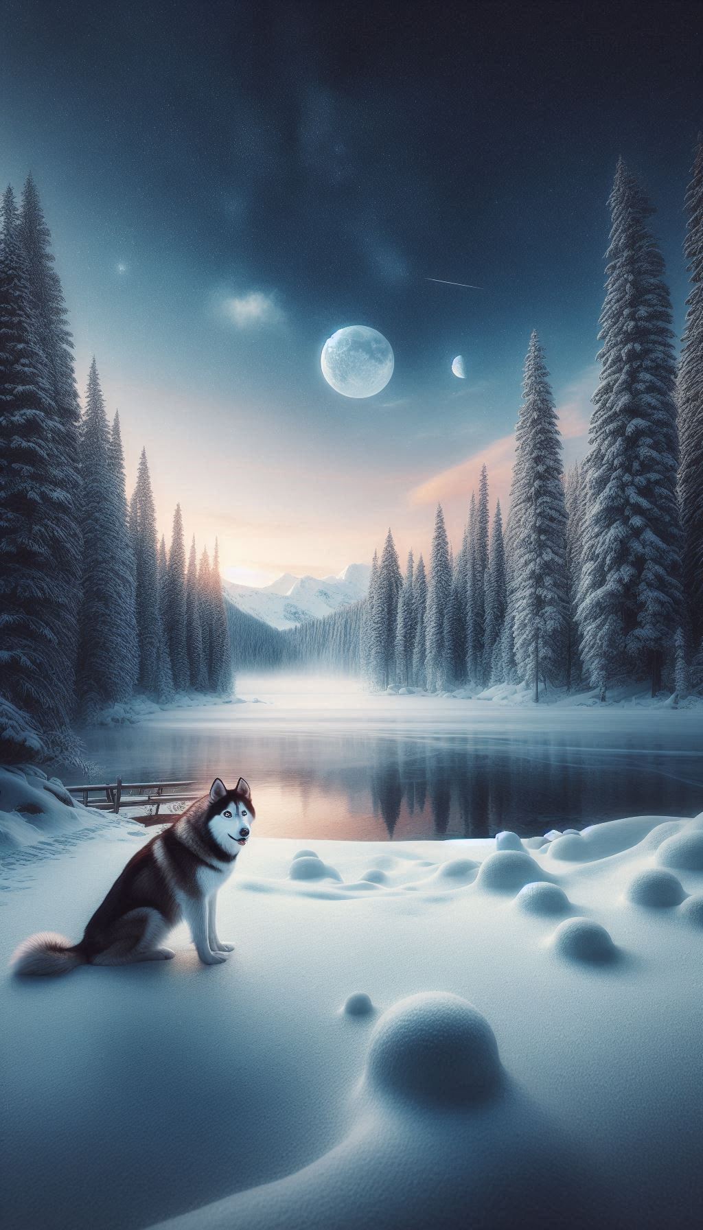 Calm winter landscape background featuring huskies on a frozen lake for iPhone and Android