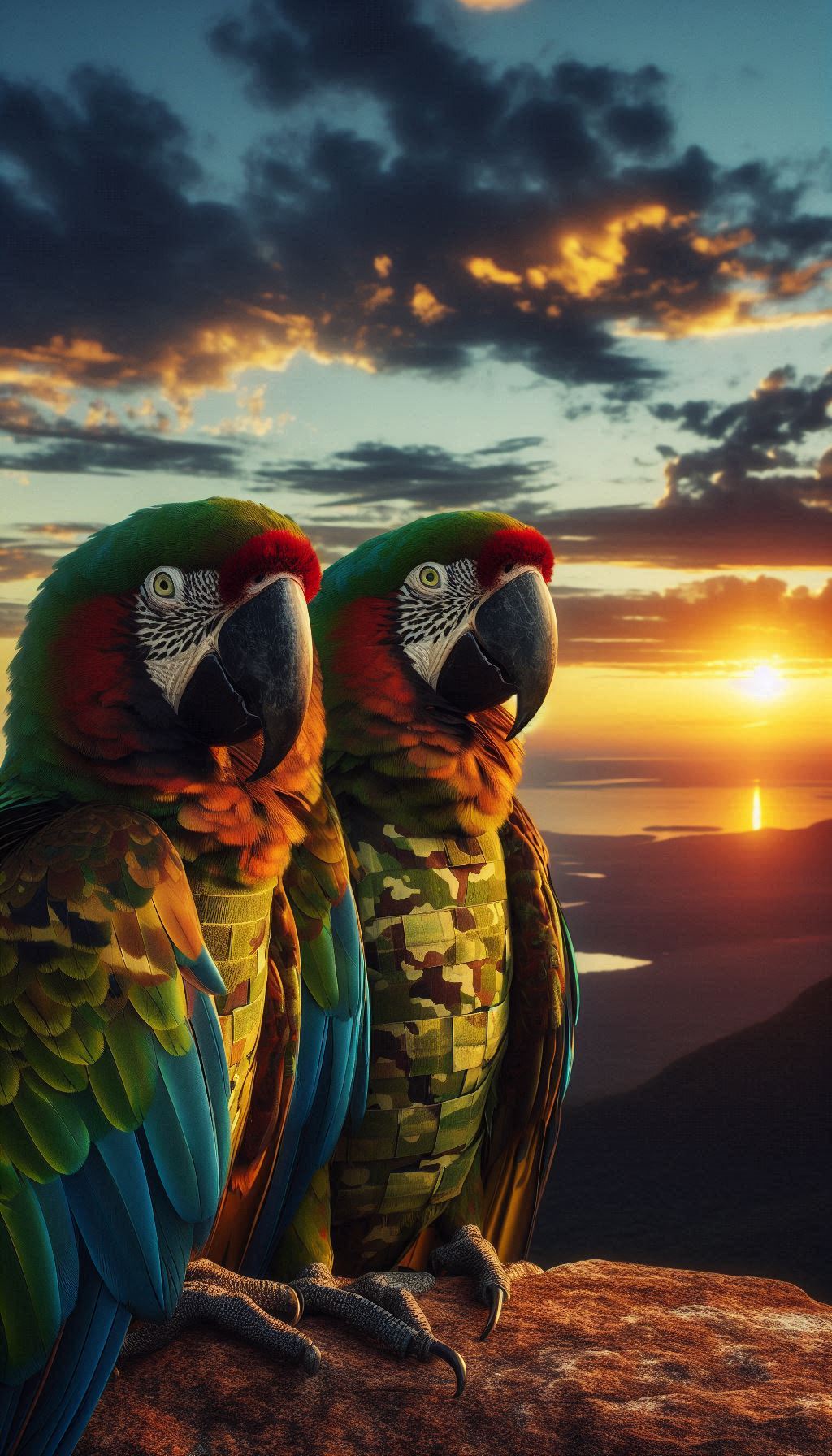 Camo-Patterned Military Macaw Parrots Against a Sunset Horizon for iPhone and Android