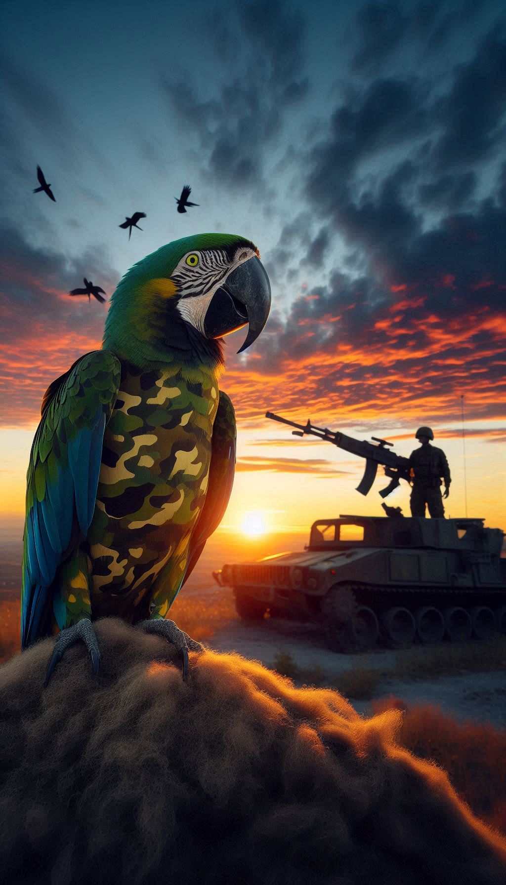 Camo-Patterned Military Macaw Parrots Against a Sunset Horizon