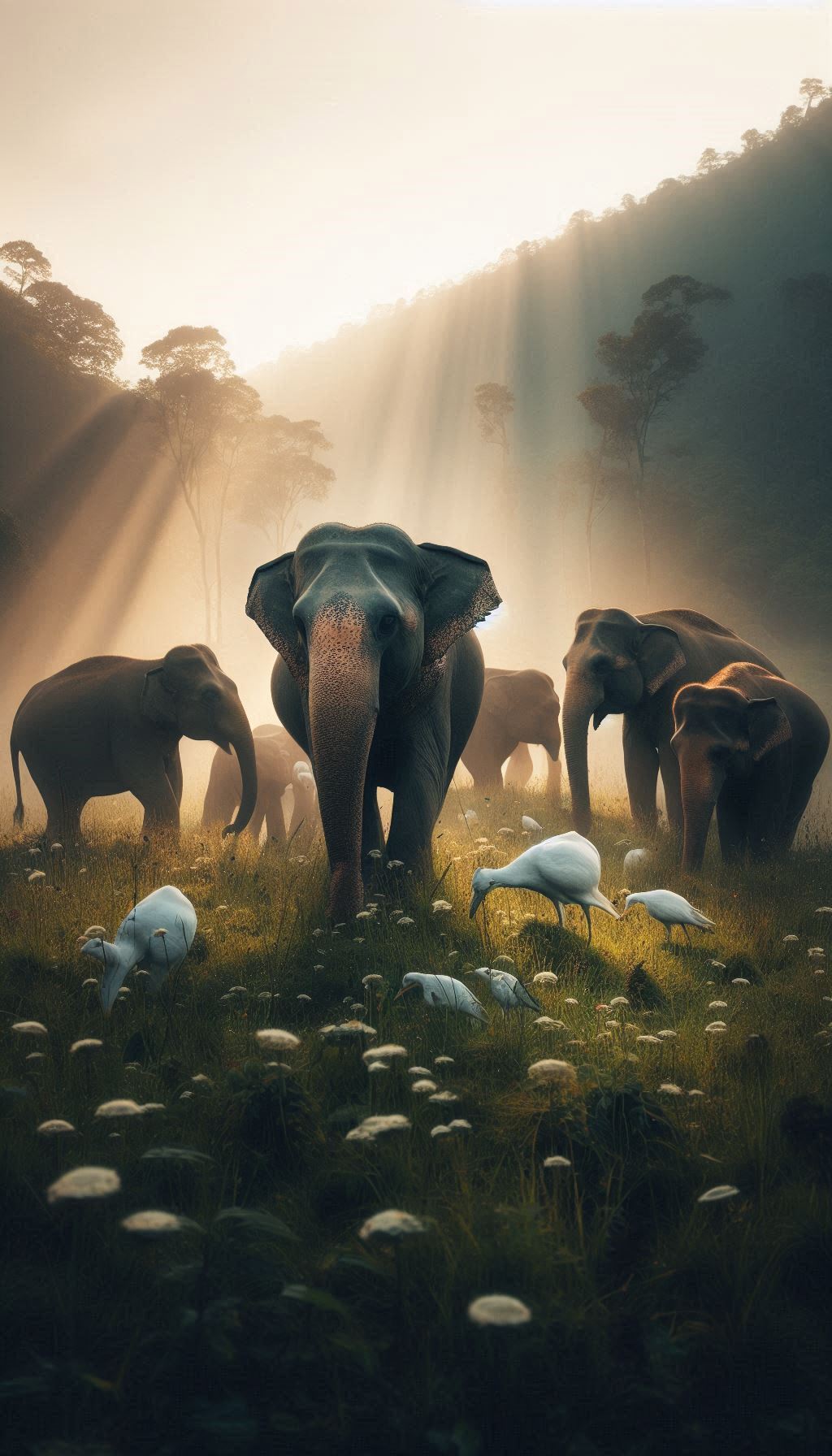 Candid Moments of Elephants Grazing in a Meadow