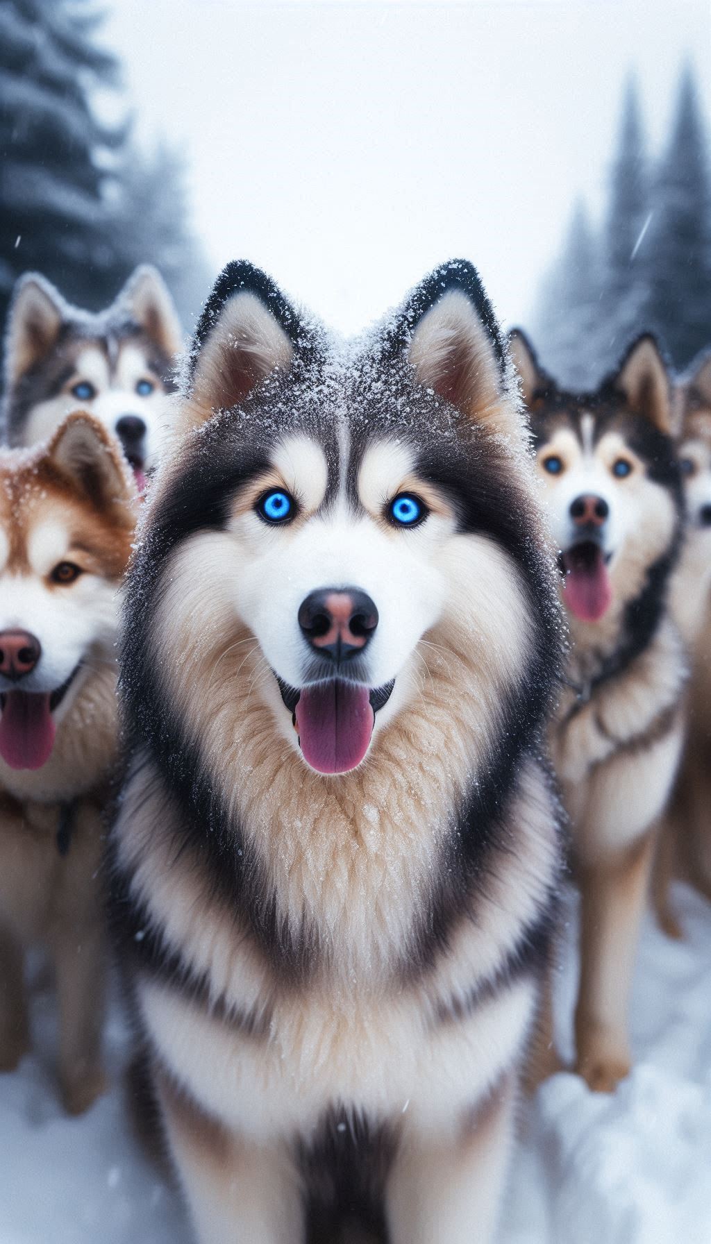 Captivating Blue-Eyed Husky Among a Group of Snow Dogs