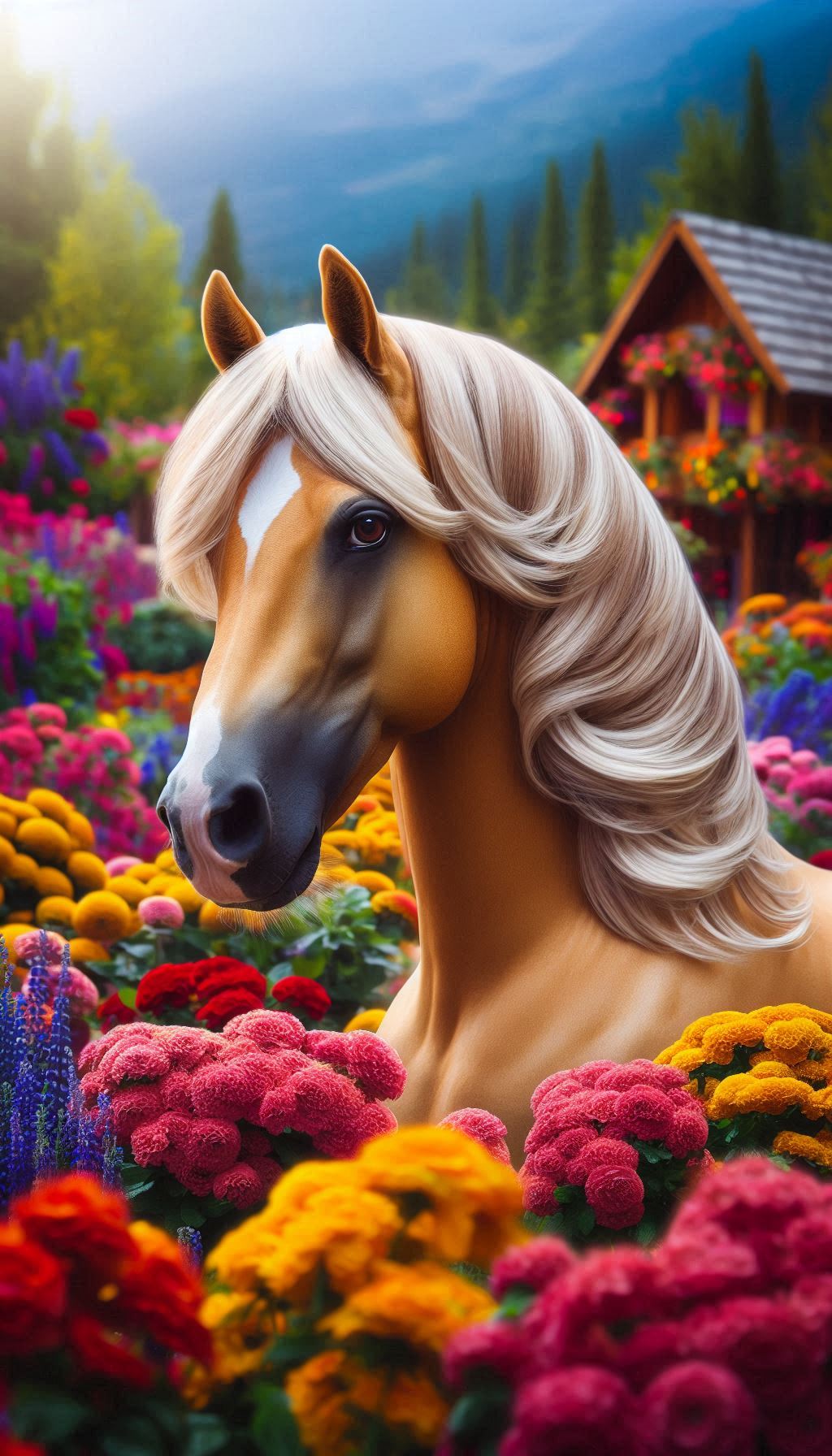 Captivating Palomino Horse in a Colorful Flower Garden