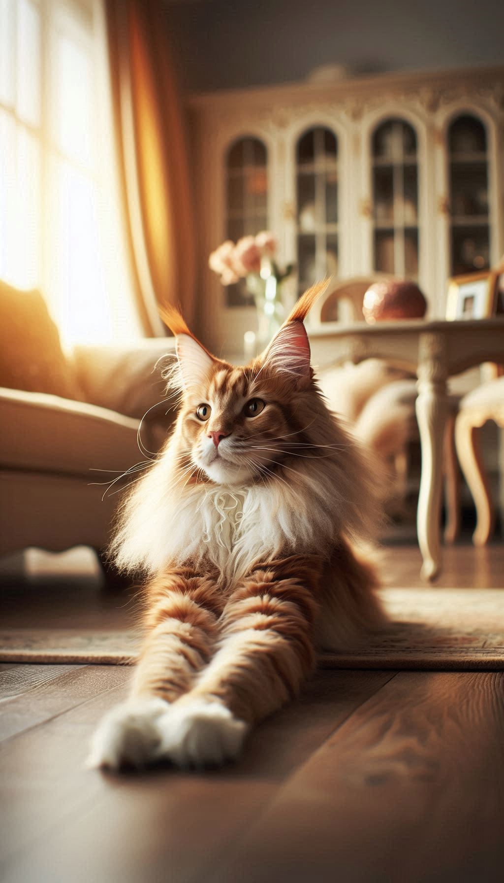 Carino gatto Maine Coon ch'o se slonga into cado salon HD sfondo digitale