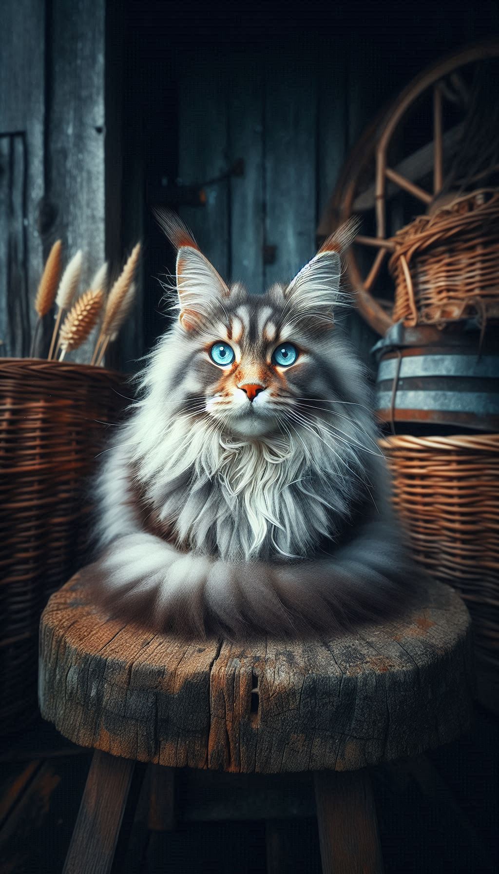 Carino gatto Maine Coon co-i euggi bleu in sciô sfondo assettou in sciâ töa pe-o çellolare