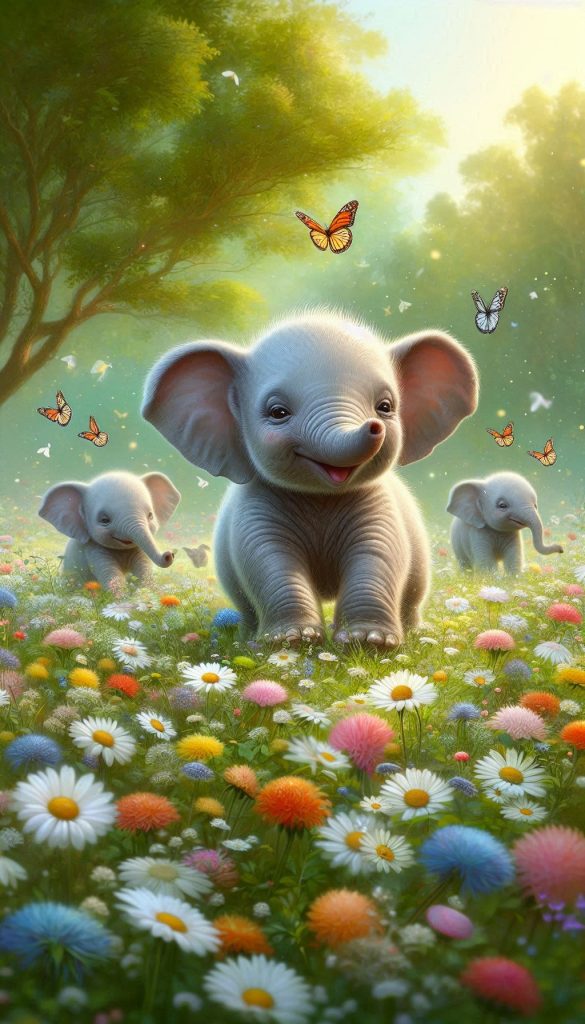 Charming Baby Elephants Frolicking in a Field of Wildflowers